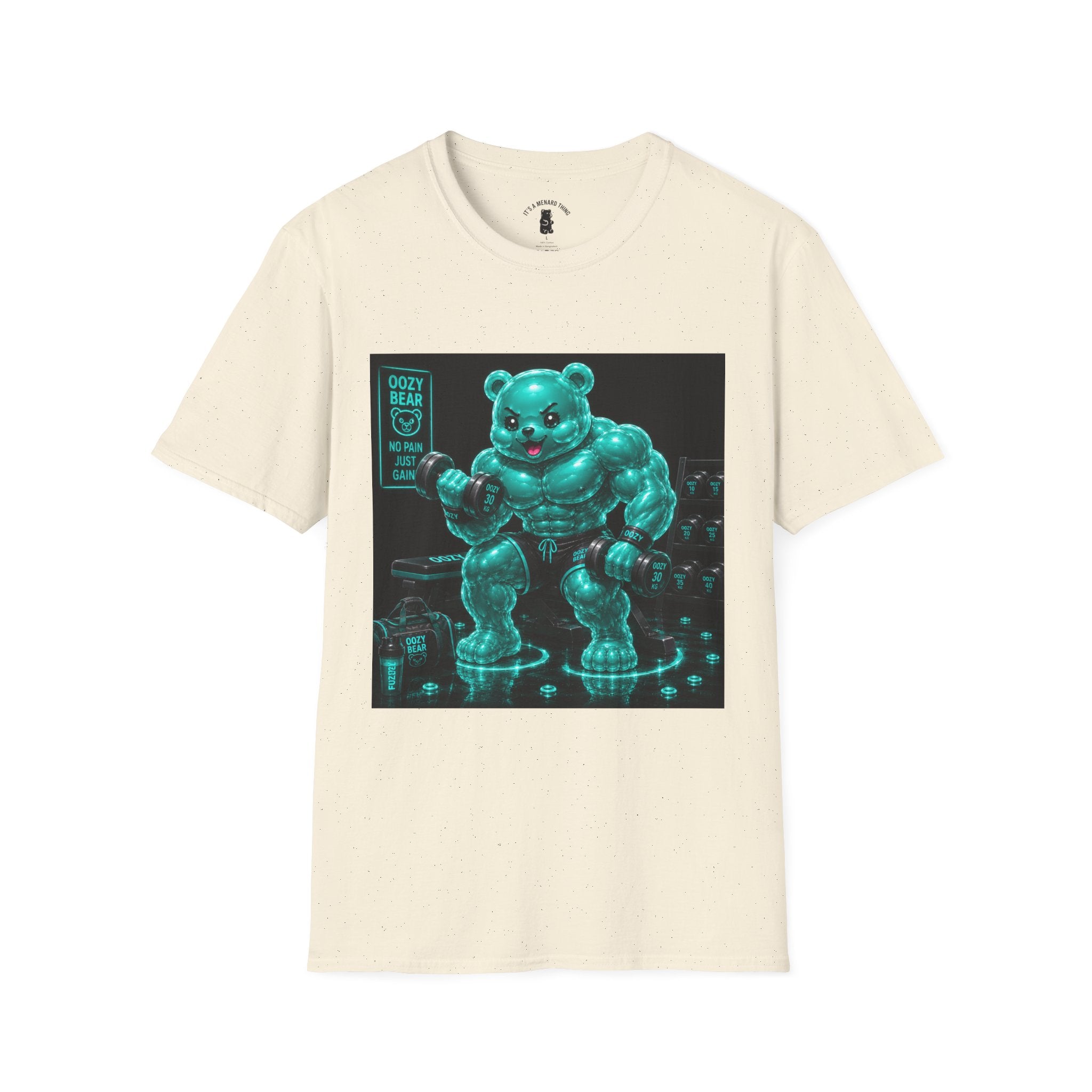 Working Out, Teal Oozy Buff Bear Gummy Gym Addition- Adult Graphic Shirt