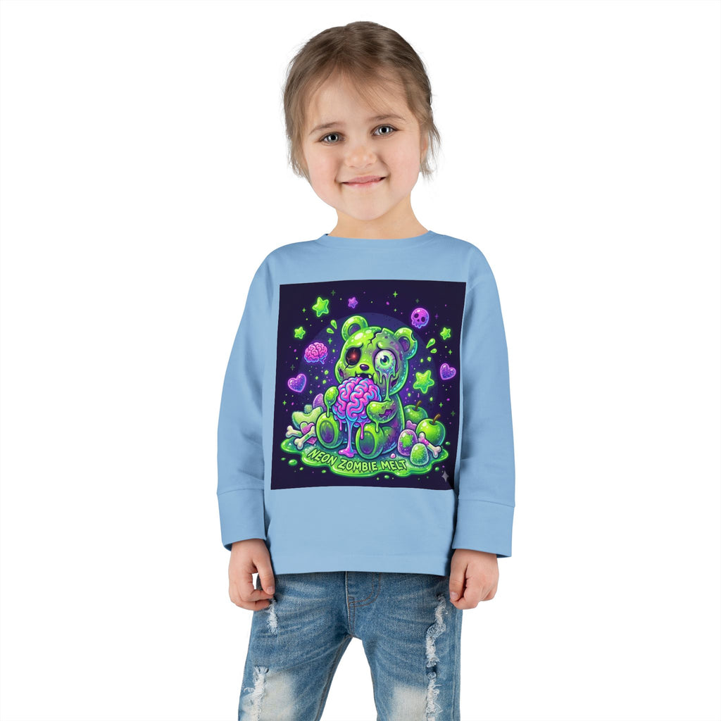 Neon Zombie Oozy Bear Gummy Halloween Addition- Kids Graphic Long Sleeve Shirt