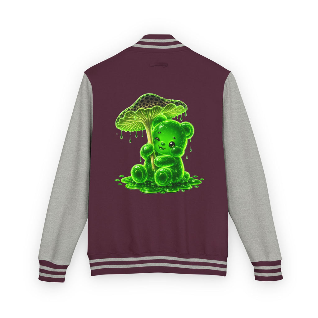 Glowing Green Mushroom, Gooey Gummy Bear Friend — Kawaii Graphic Varsity Jacket
