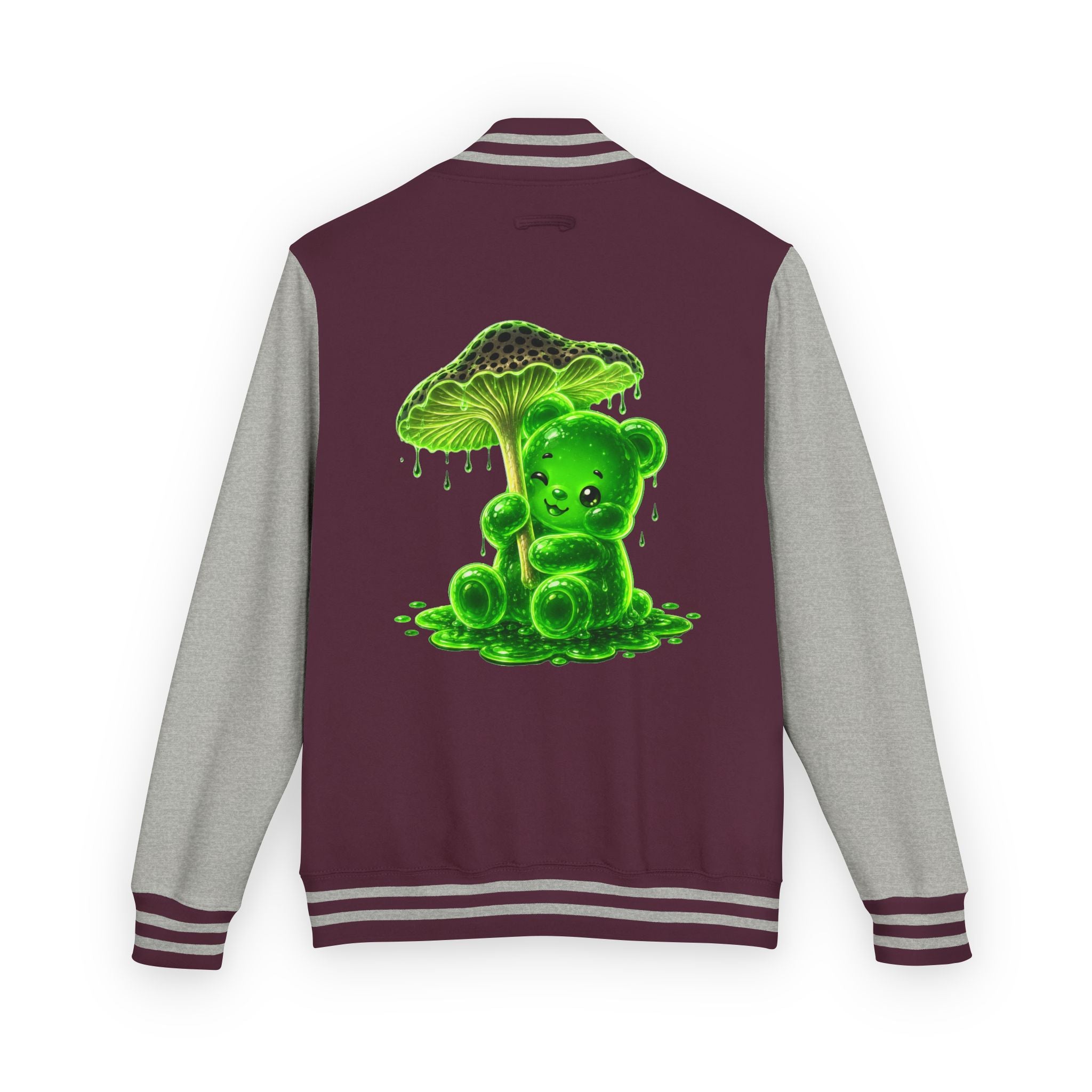 Glowing Green Mushroom, Gooey Gummy Bear Friend — Kawaii Graphic Varsity Jacket