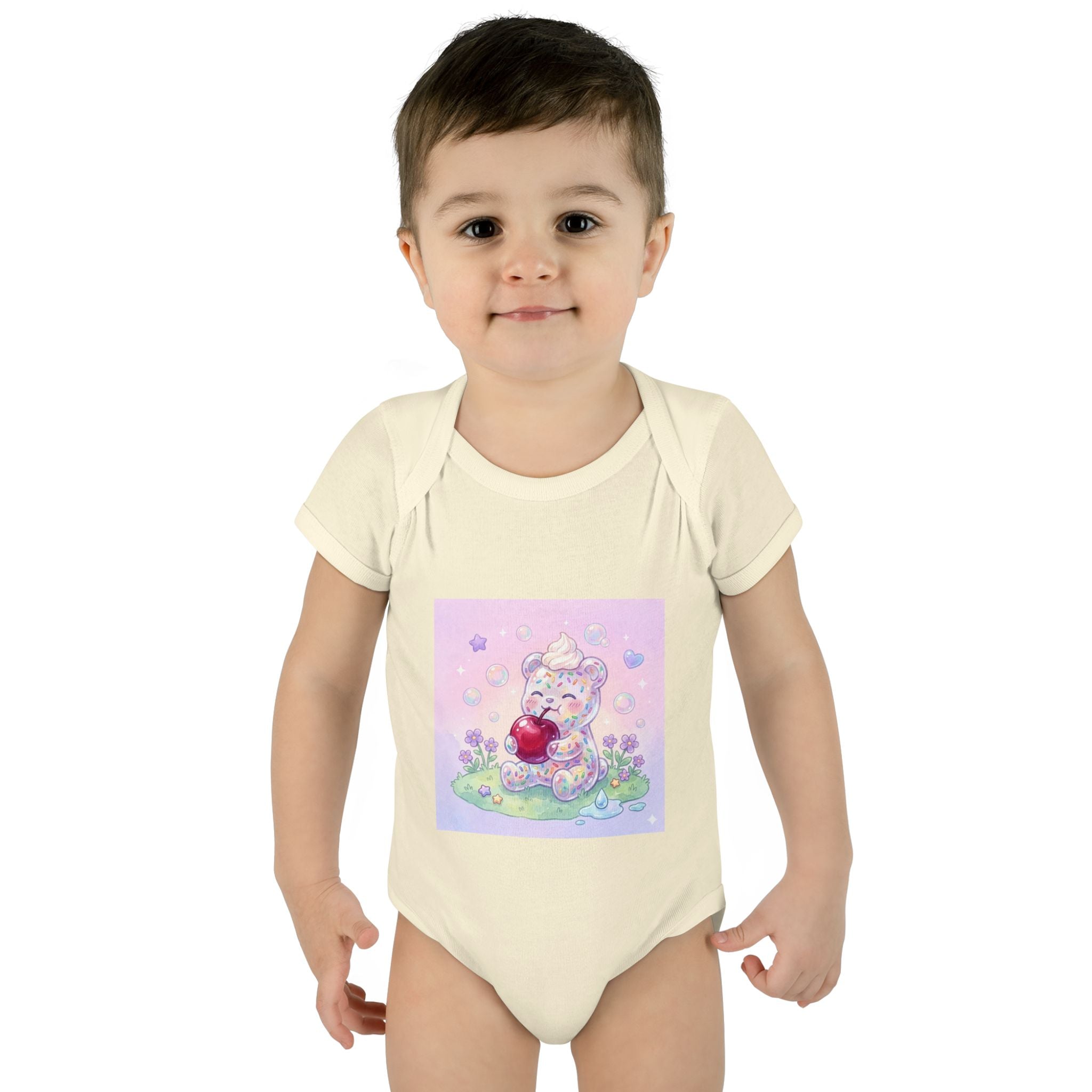 Gooey Gummy Birthday Sprinkles Cake bear eating a Cherry- Infant Onesie
