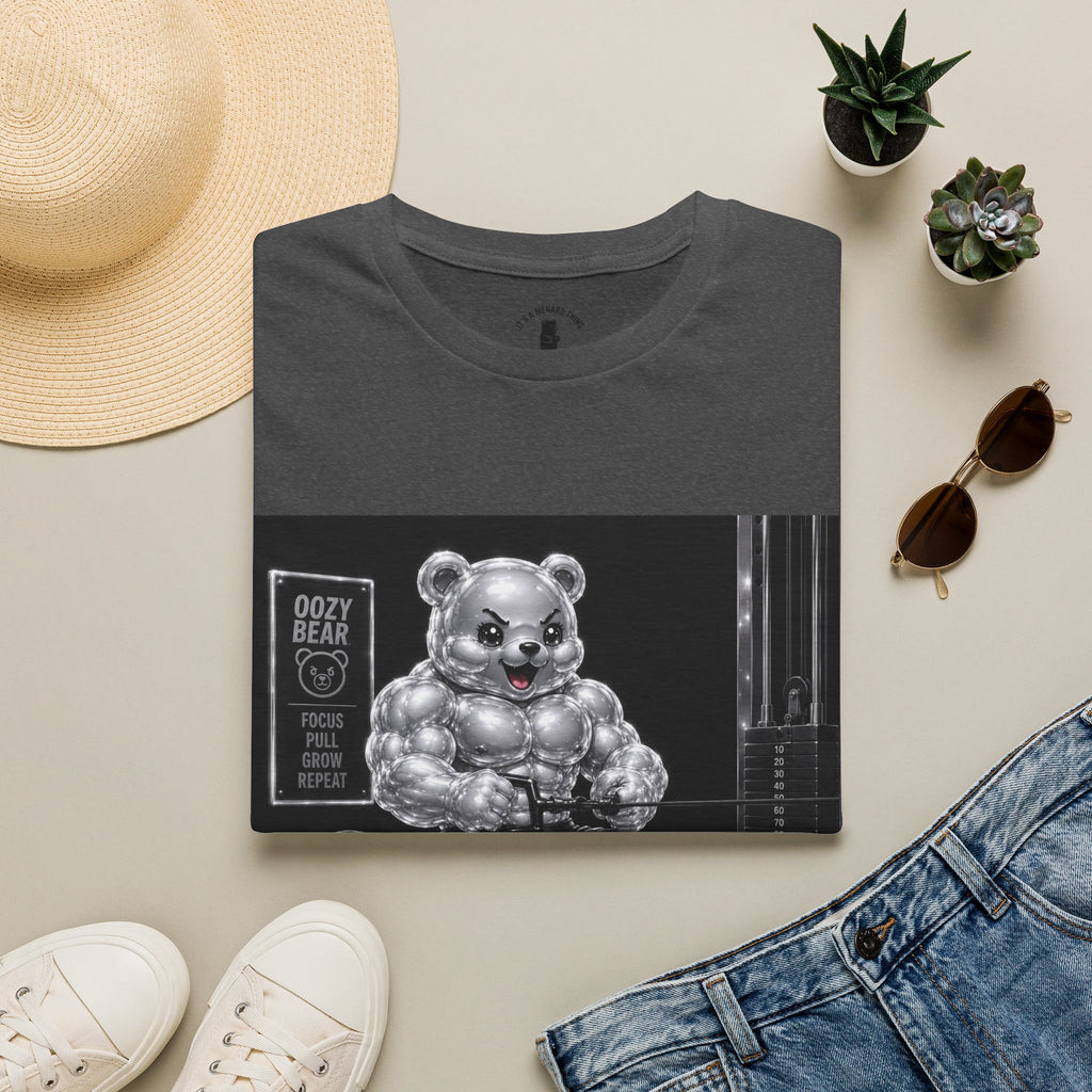Working on the Bench, Silver Oozy Buff Bear Gummy Gym Addition- Adult Graphic Shirt