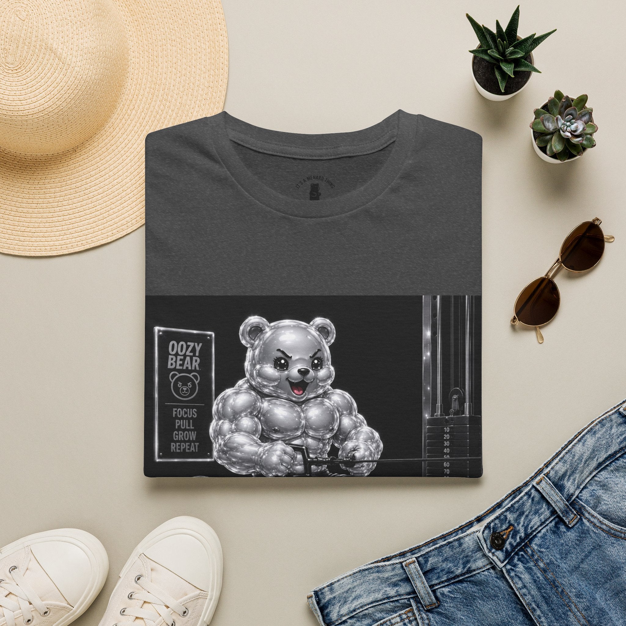 Working on the Bench, Silver Oozy Buff Bear Gummy Gym Addition- Adult Graphic Shirt