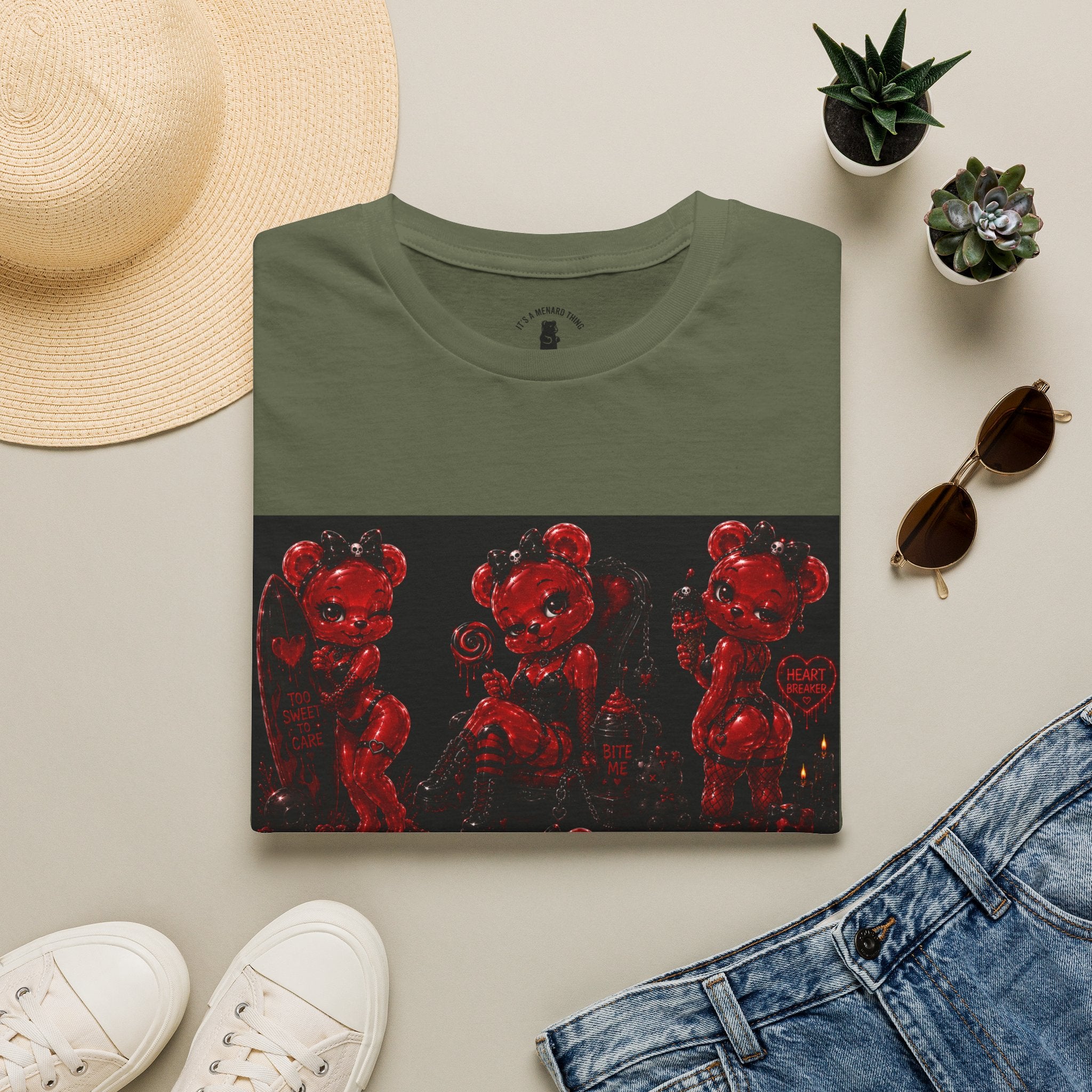 Punk Retro Crimson Red Oozy Bear Babe, Beach Pin Up Addition- Adult Graphic Shirt (18+)