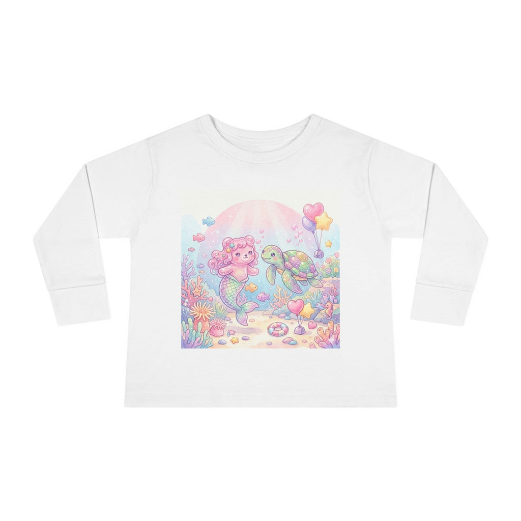 Pastel Oozy Bear Mermaid & Sea Turtle Cute Friends- Graphic Long Sleeve Shirt