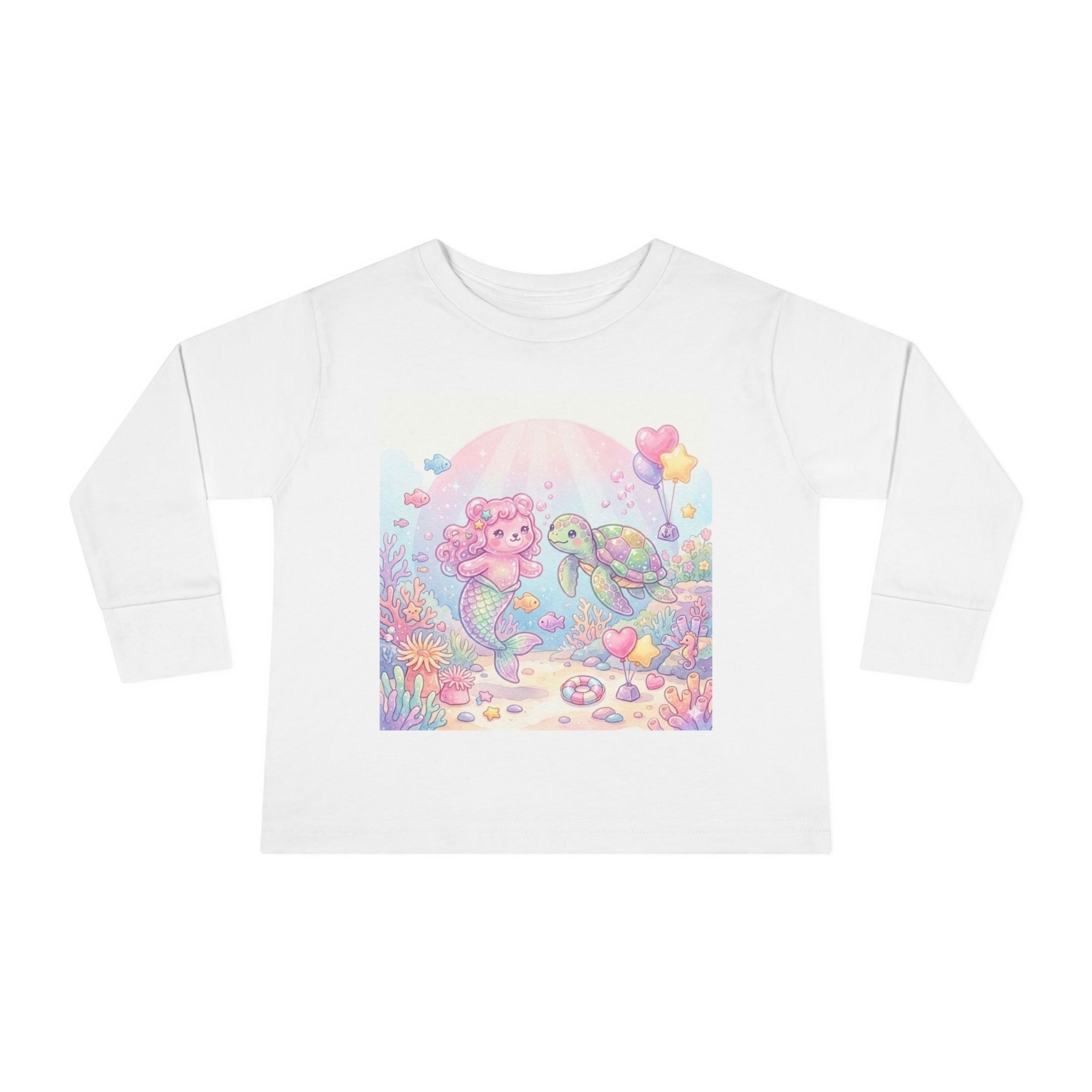 Pastel Oozy Bear Mermaid & Sea Turtle Cute Friends- Graphic Long Sleeve Shirt