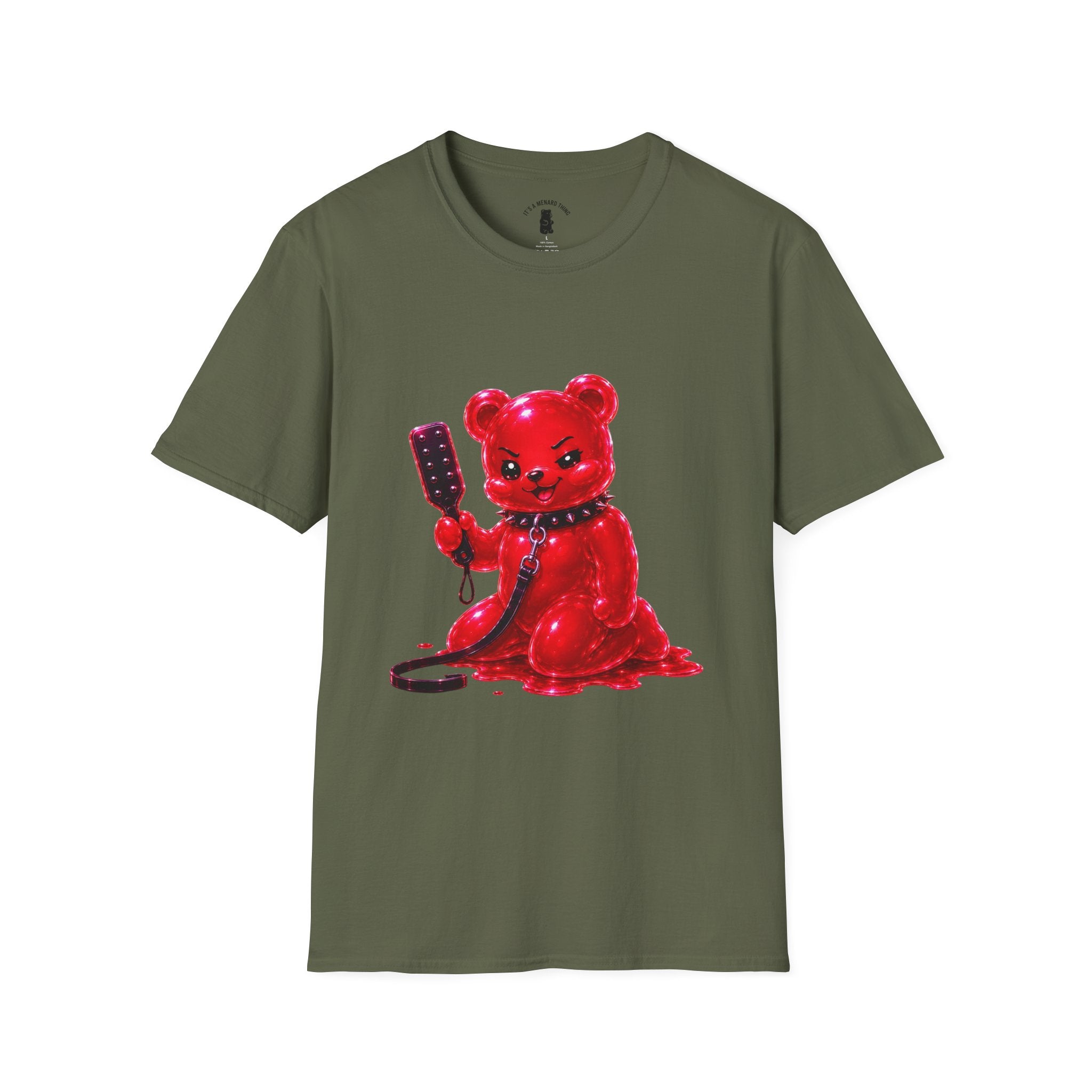 Crimson Red Oozy Bear Gummy Freak with Spank Paddle- Graphic Shirt (Adult Only!)