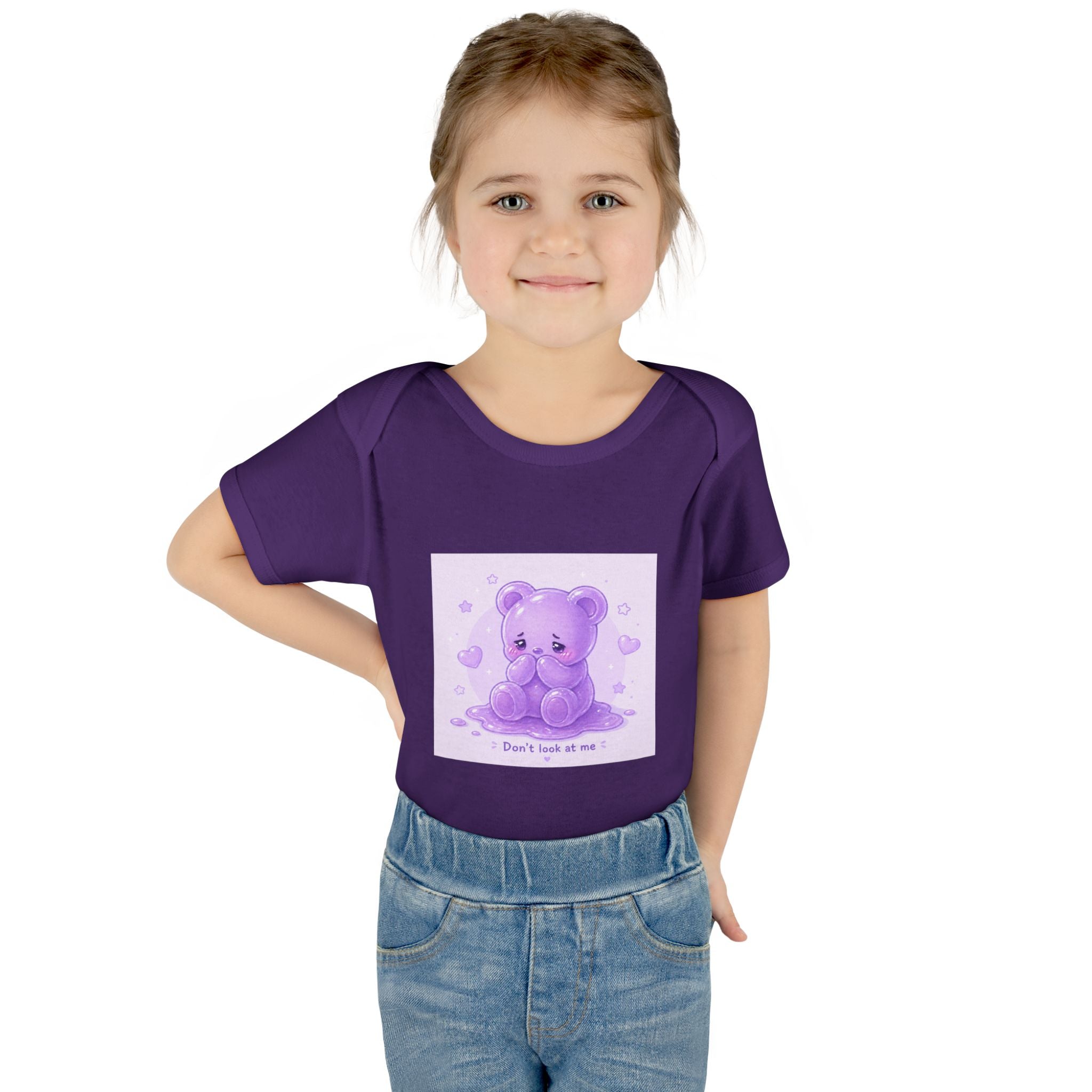 Purple Gooey Gummy Shy bear Baby Bodysuit - "Don't Look at Me" Cute Infant Onesie