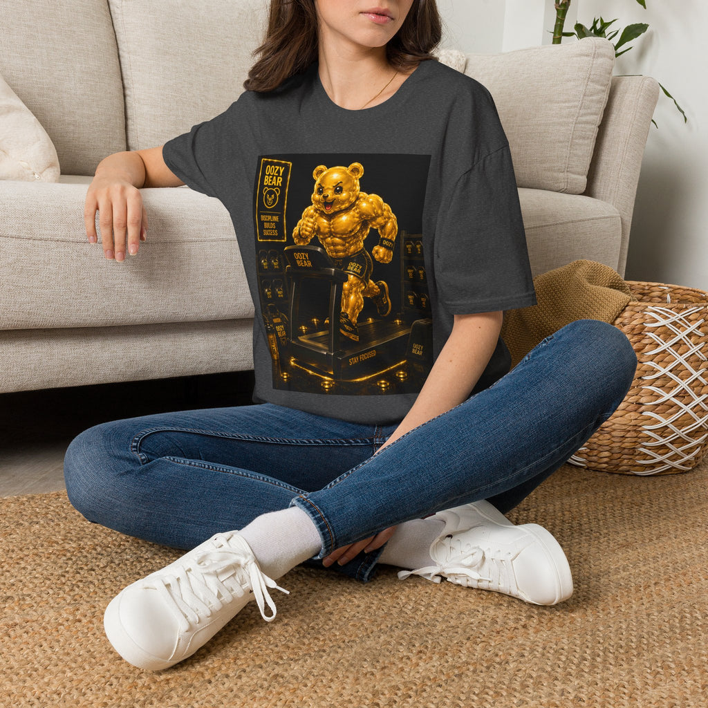Running The Treadmill, Golden Yellow Oozy Buff Bear Workout- Adult Graphic Shirt