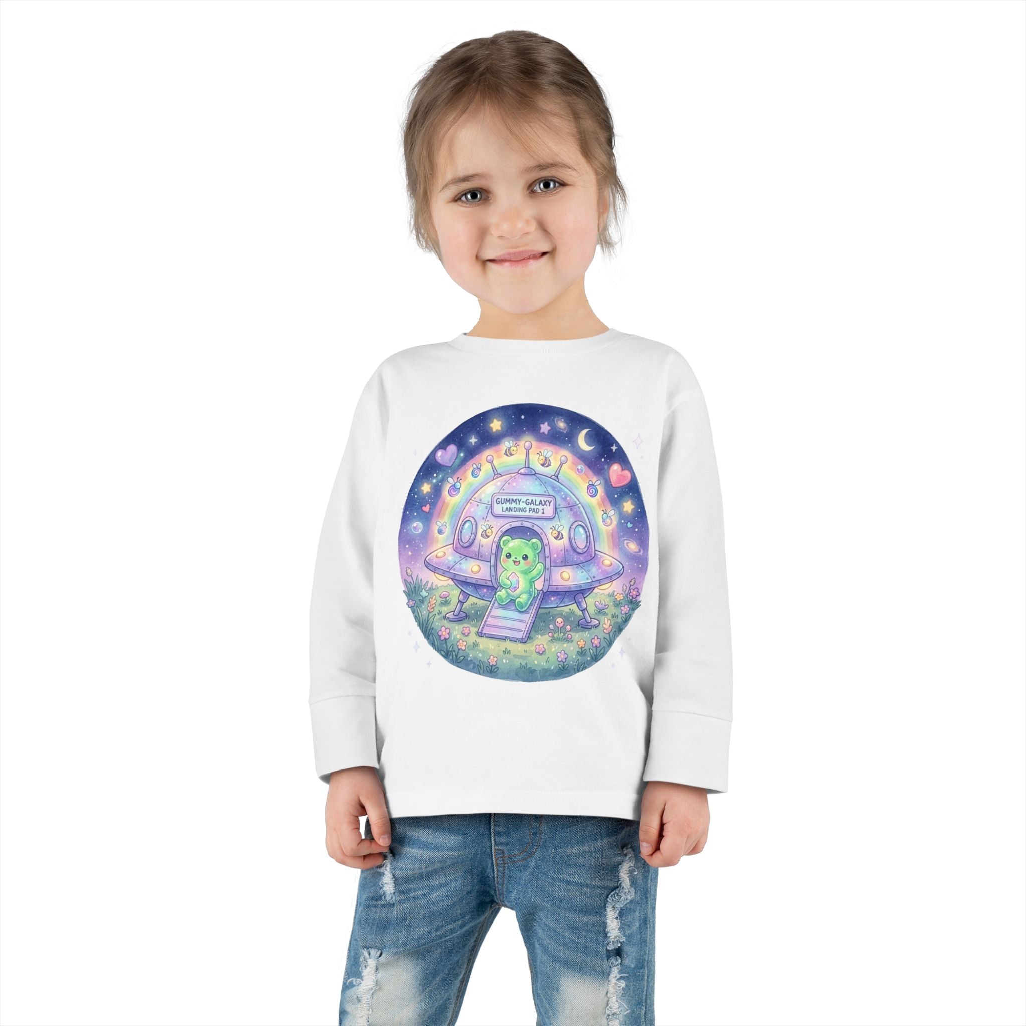 Cute Alien UFO Nightscape Oozy Bear Special- Graphic Long Sleeve Shirt
