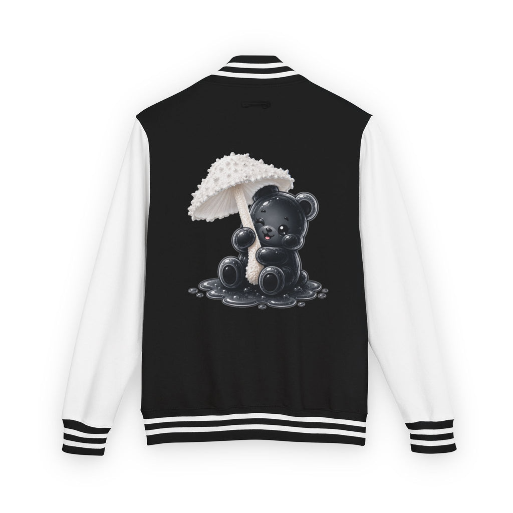 White Mushroom Umbrella, Black Gooey Gummy Bear — Kawaii Graphic Varsity Jacket