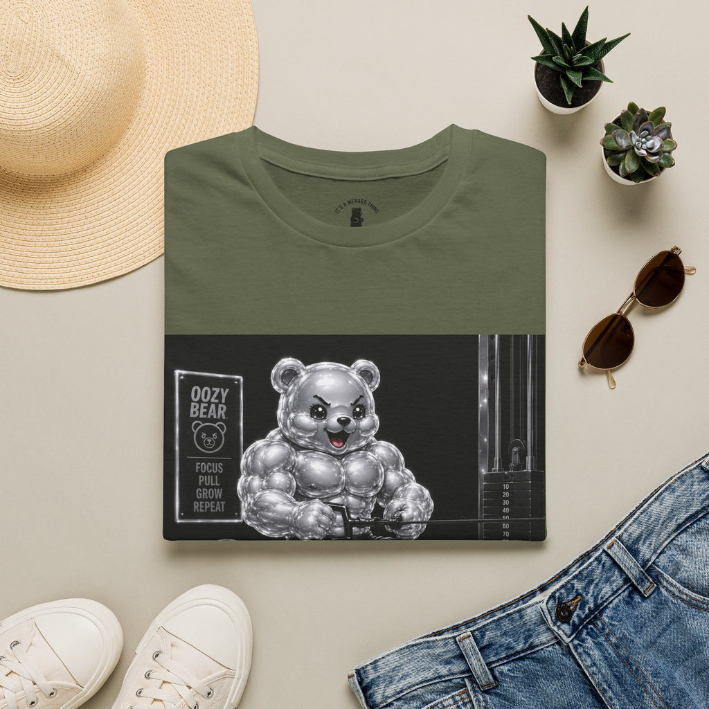 Working on the Bench, Silver Oozy Buff Bear Gummy Gym Addition- Adult Graphic Shirt