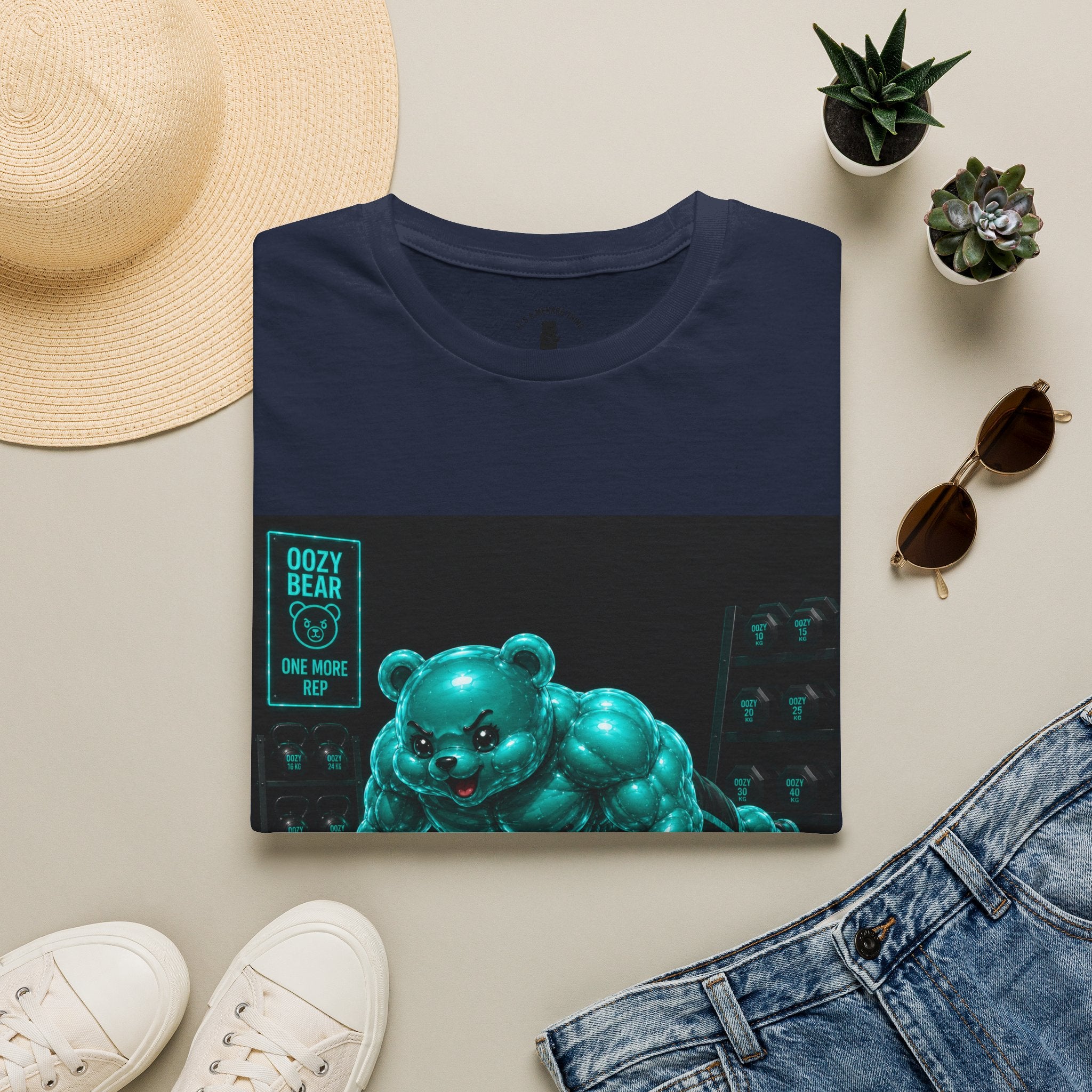 Neon Fitness Push Ups, Teal Oozy Buff Bear Gummy Gym Addition- Adult Graphic Shirt