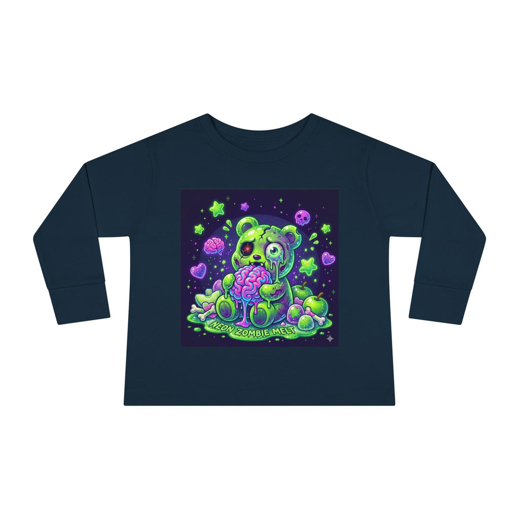 Neon Zombie Oozy Bear Gummy Halloween Addition- Kids Graphic Long Sleeve Shirt
