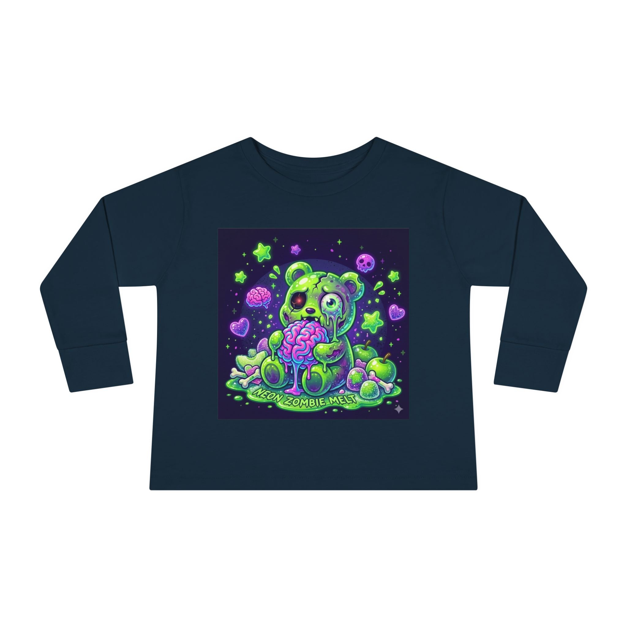 Neon Zombie Oozy Bear Gummy Halloween Addition- Kids Graphic Long Sleeve Shirt