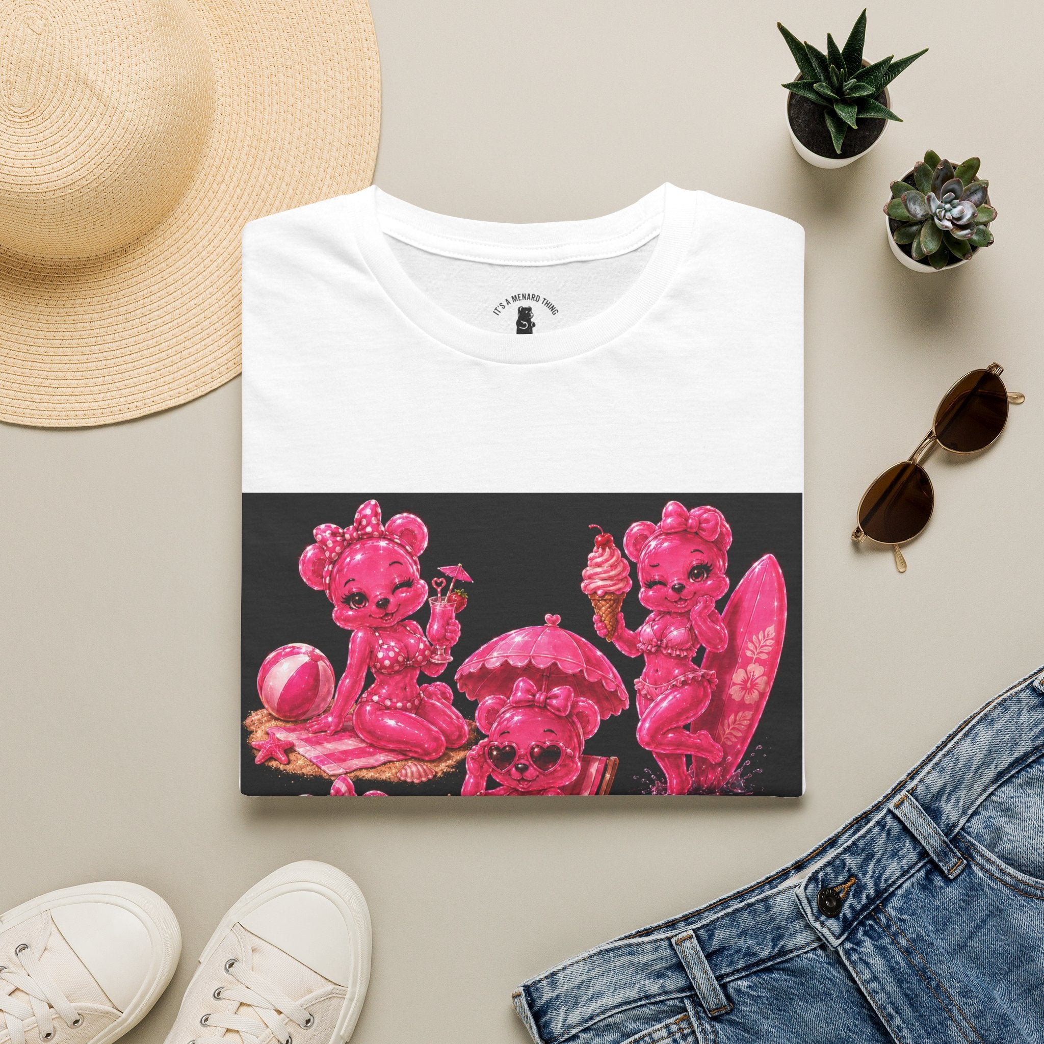 Retro Pink Pin Up Beach Oozy Bear Babe Gummy- Adult Graphic Shirt (+18)