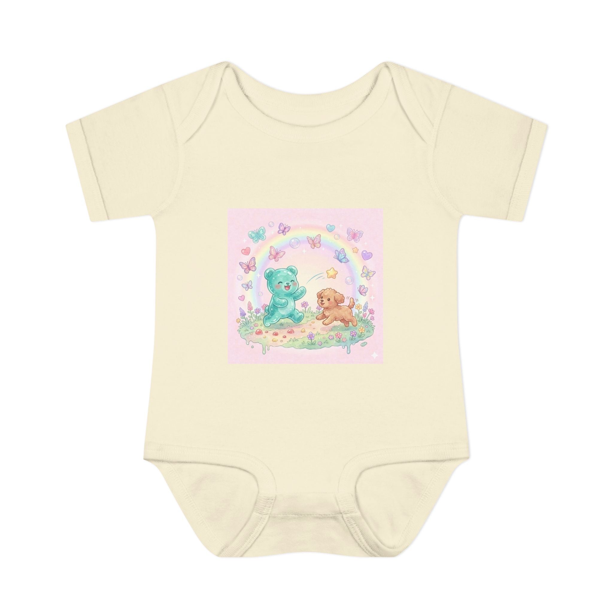 Gooey Gummy Playing Fetch with Puppy, Cute Infant Onesie