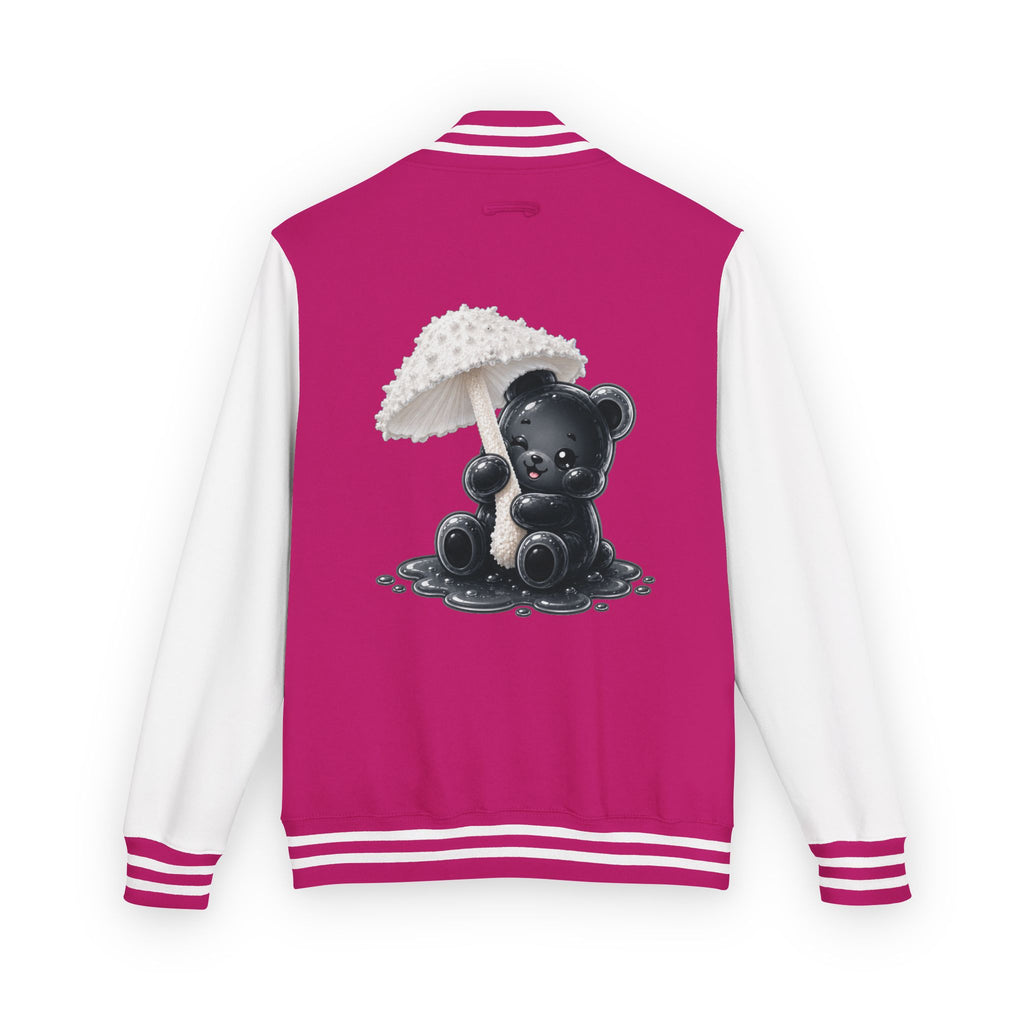 White Mushroom Umbrella, Black Gooey Gummy Bear — Kawaii Graphic Varsity Jacket
