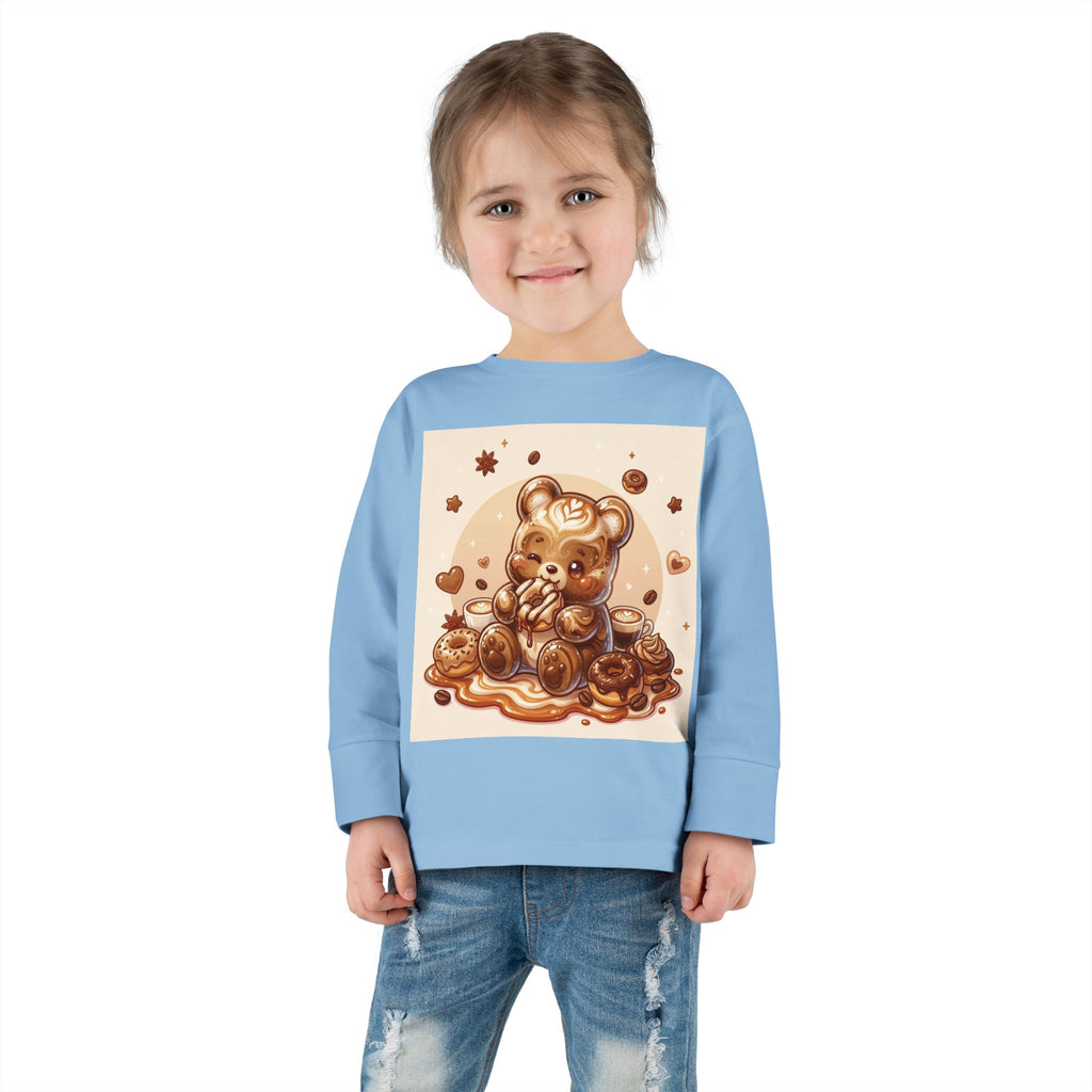 Coffee & Donuts with Chocolate, Oozy Bear Gummy Girls— Kids Illustrated Long Sleeve Shirt