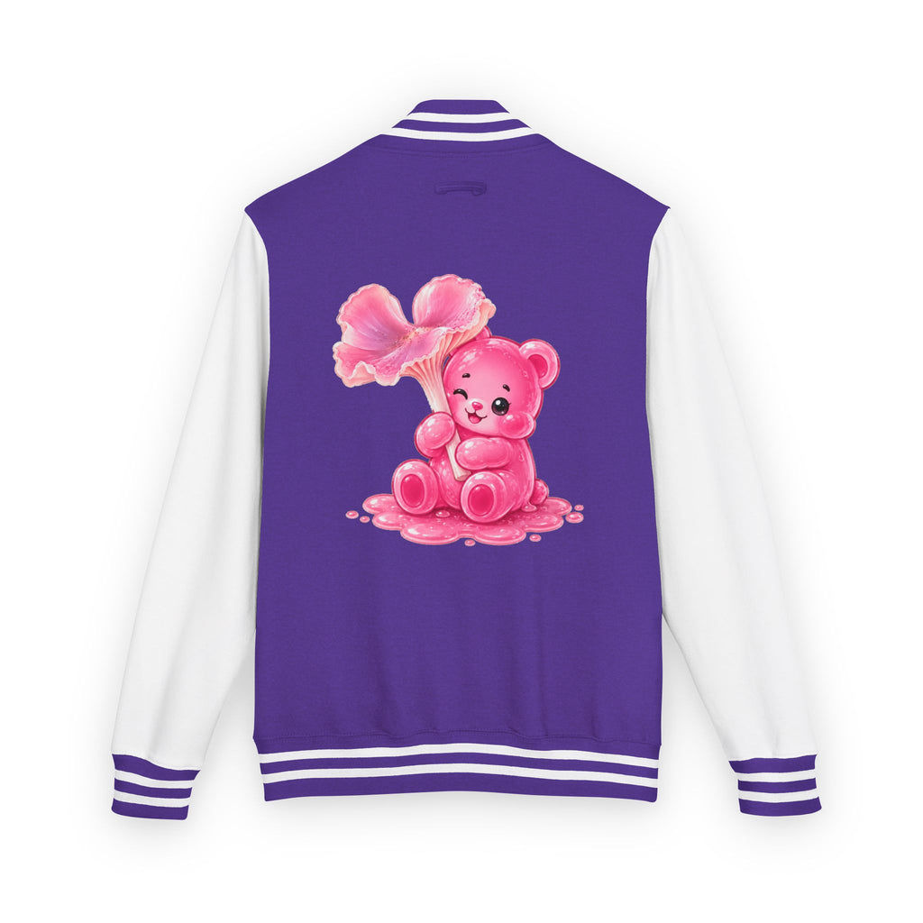 Pink Wax Cap Mushroom, Gooey Gummy Bear Friend — Kawaii Graphic Varsity Jacket