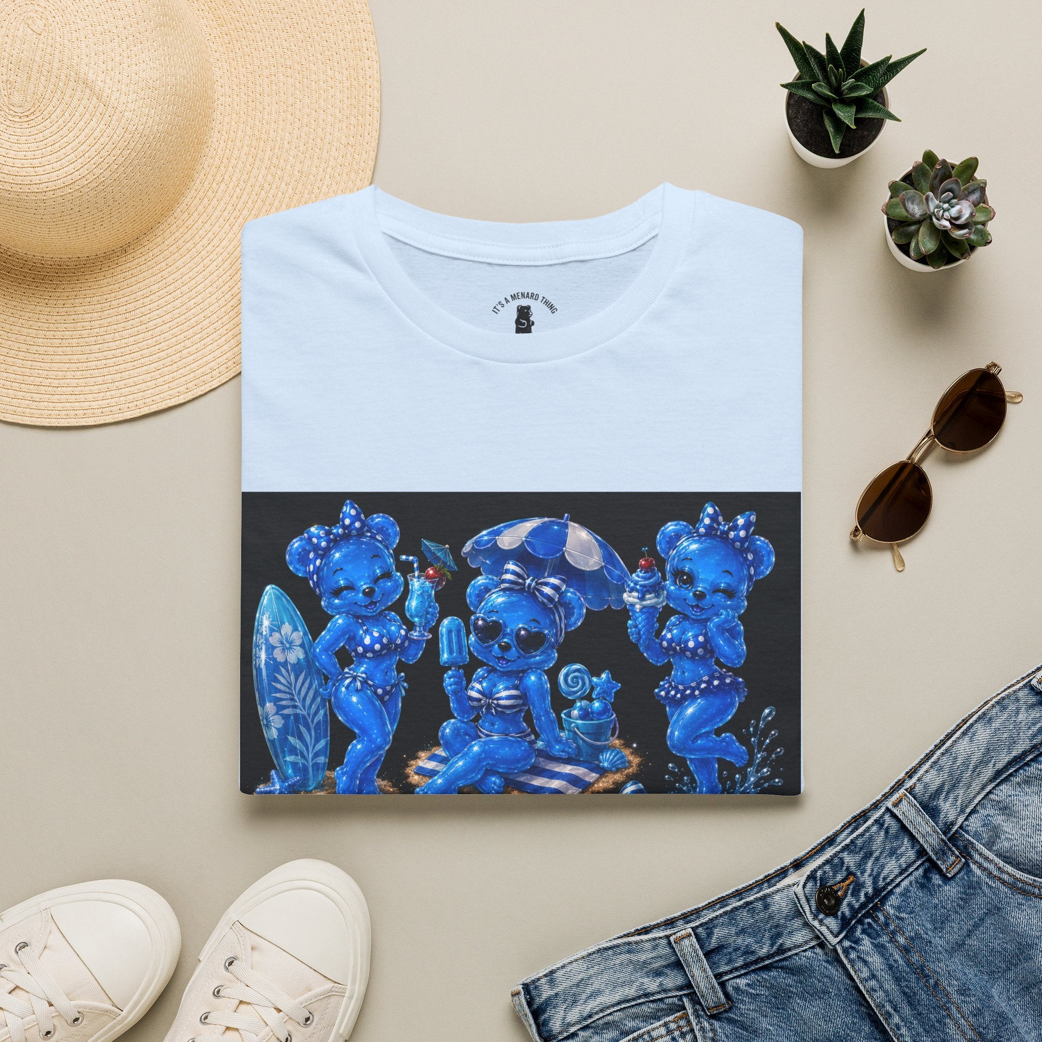 Retro Kawaii Blue Oozy Bear Pin Up Beach Babe- Adult Graphic Shirt (18+)
