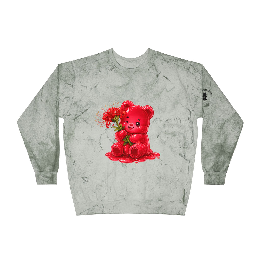 Beautiful Red Spider Lily Bloom, Oozy Bear Gummy Friend- Graphic Tie-Dye Sweater