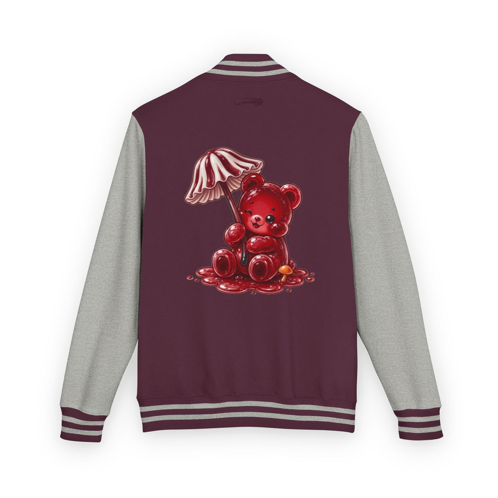 Red Stripped Mushroom Umbrella, Oozy Bear Gummy- Letterman Graphic Jacket