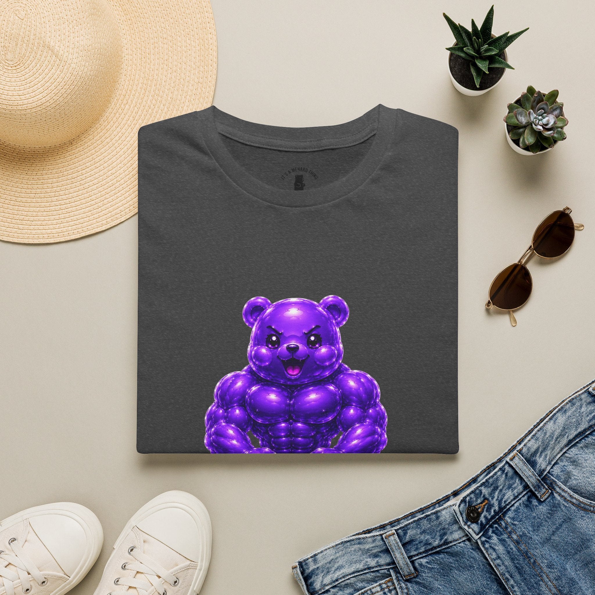 Brawny Violet Oozy Buff Bear with Kettleball Weight- Adult Graphic Shirt (18+)