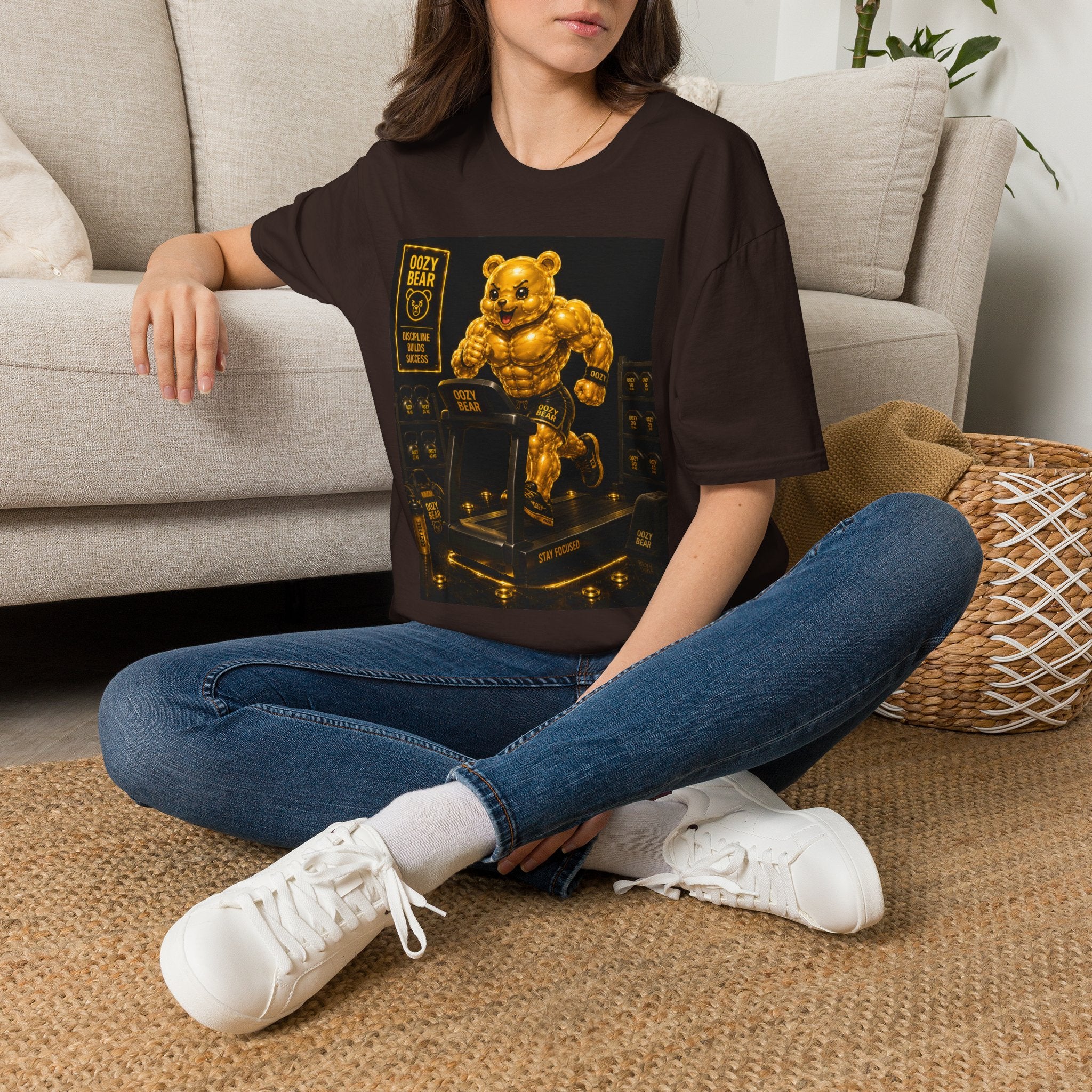 Running The Treadmill, Golden Yellow Oozy Buff Bear Workout- Adult Graphic Shirt