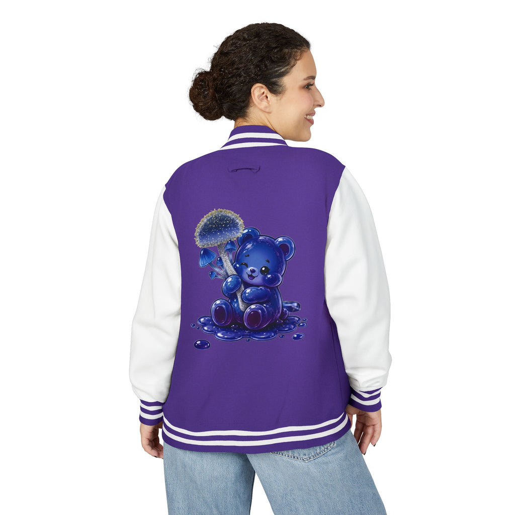Sparkling Blue Mushroom Cluster, Oozy Bear Friends- Letterman Graphic Jacket