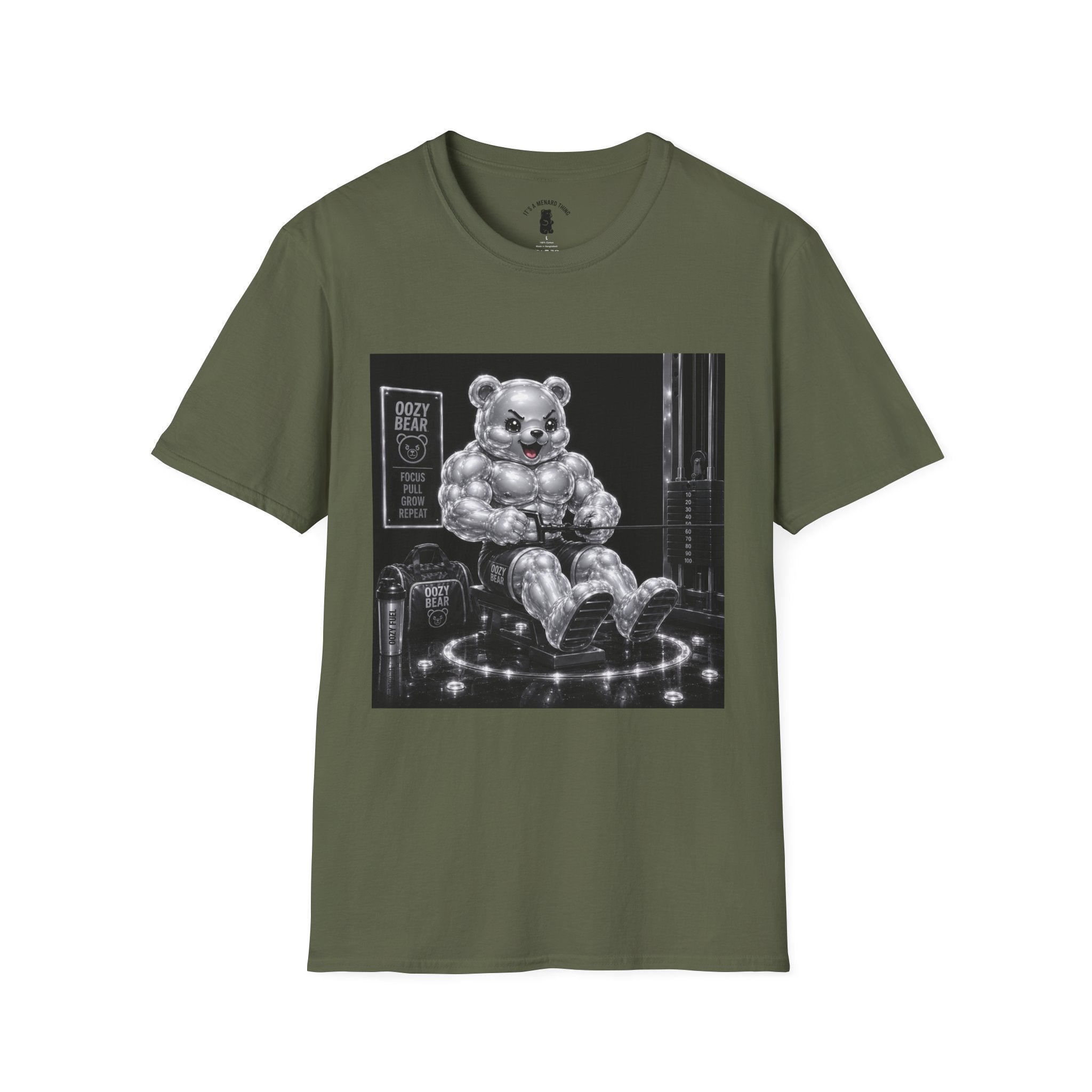 Working on the Bench, Silver Oozy Buff Bear Gummy Gym Addition- Adult Graphic Shirt