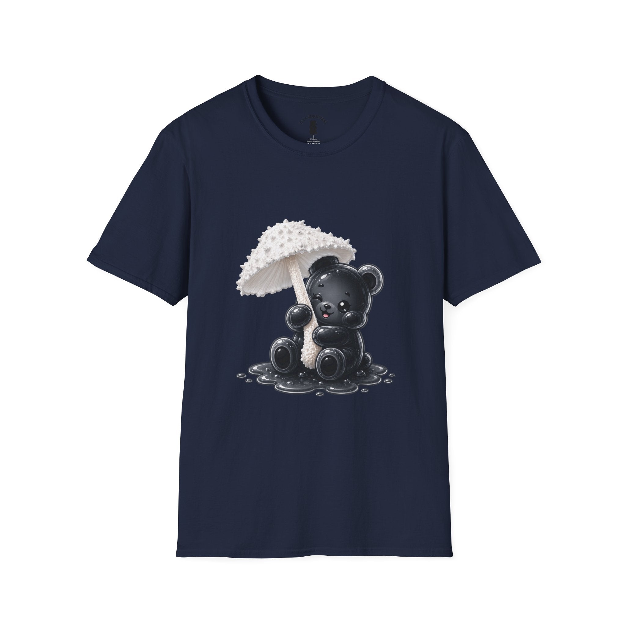 Beautiful Veiled White Mushroom, Black Oozy Bear Gummy Friend- Graphic Shirt