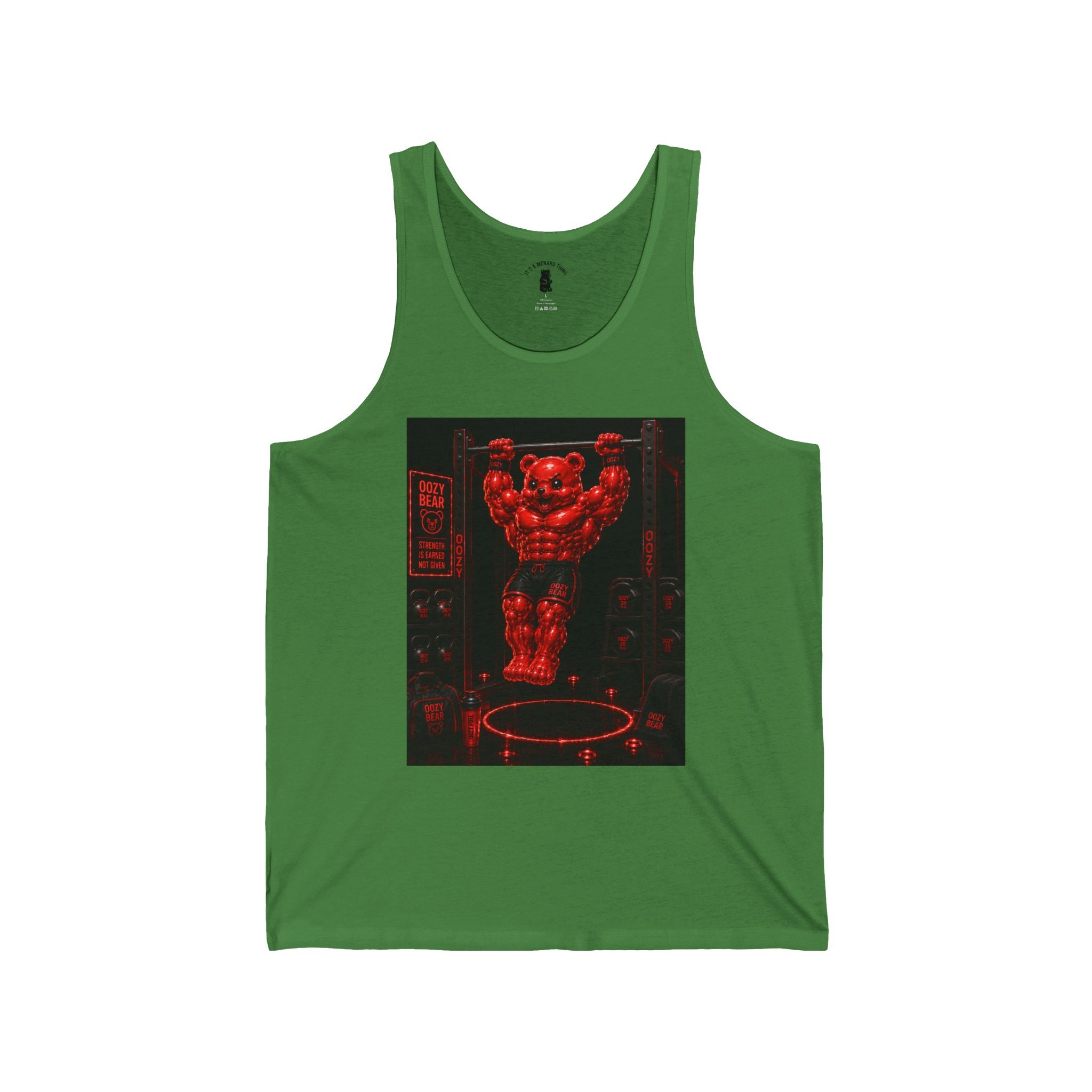 Bar lifting Workout, Crimson Oozy Buff Bear Gummy Gym Addition- Adult Graphic Tank Top