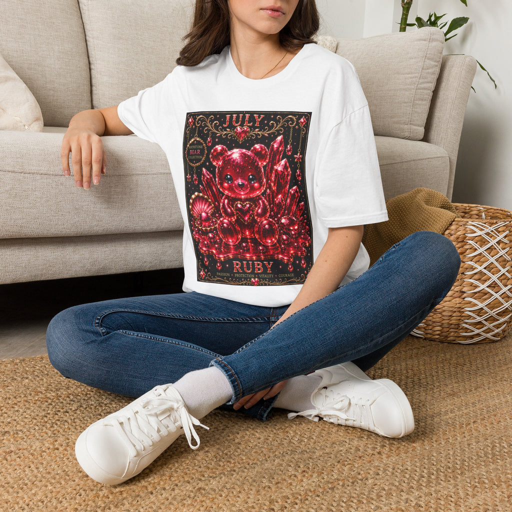 July Ruby Crystal Oozy Bear Birth Month Gemstone Addition- Graphic Shirt