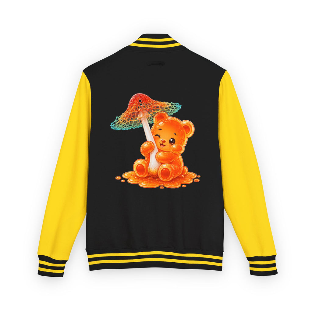 Pretty Orange and Teal Mushroom, Gooey Gummy Bear Friend — Kawaii Graphic Varsity Jacket