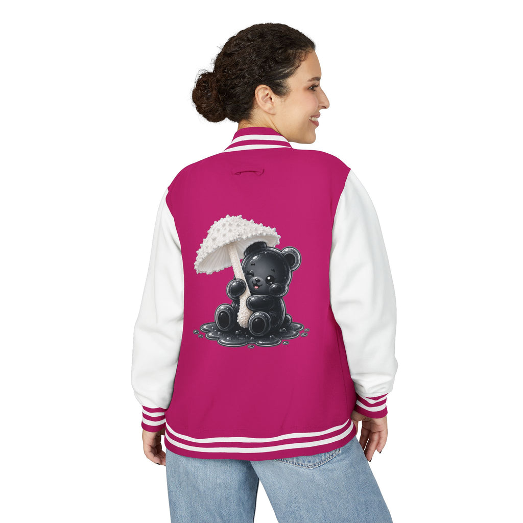 White Mushroom Umbrella, Black Gooey Gummy Bear — Kawaii Graphic Varsity Jacket
