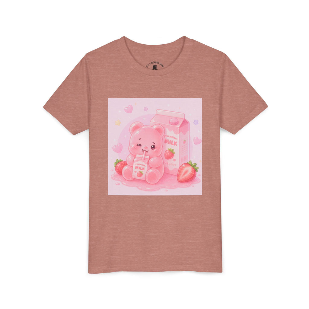 Kids' Pink Strawberry Milk Gooey Gummy Bear— Cute Youth Short Sleeve Shirt
