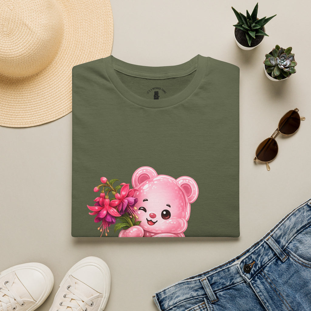 Tropical Pink Flowers, Pretty Pale Oozy Bear Friend- Graphic Shirt