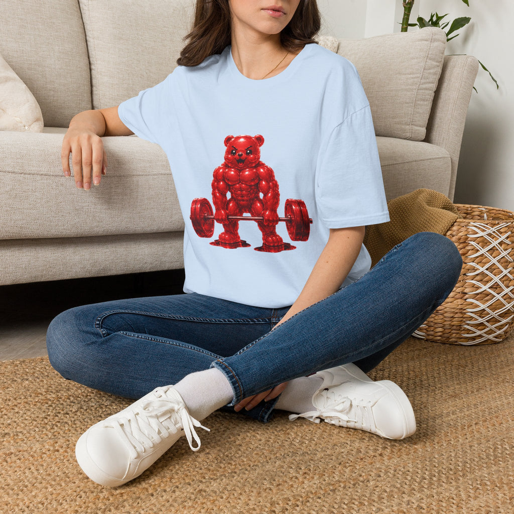 Heavy Bar Workout, Red Oozy Buff Bear Gym Gummy- Adult Graphic Shirt (18+)