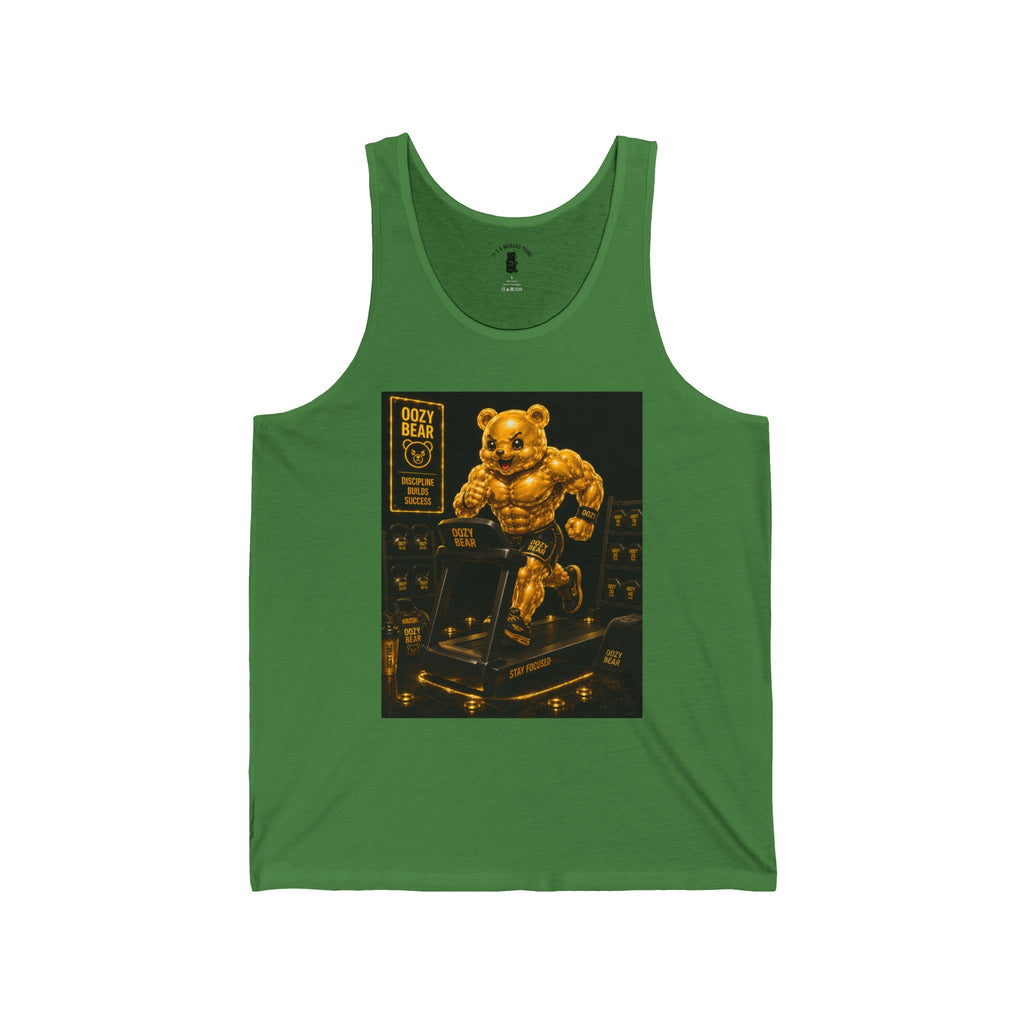 Running On Treadmill, Working Out Golden Yellow Oozy Buff Bear Gummy Gym Addition- Adult Graphic Tank Top