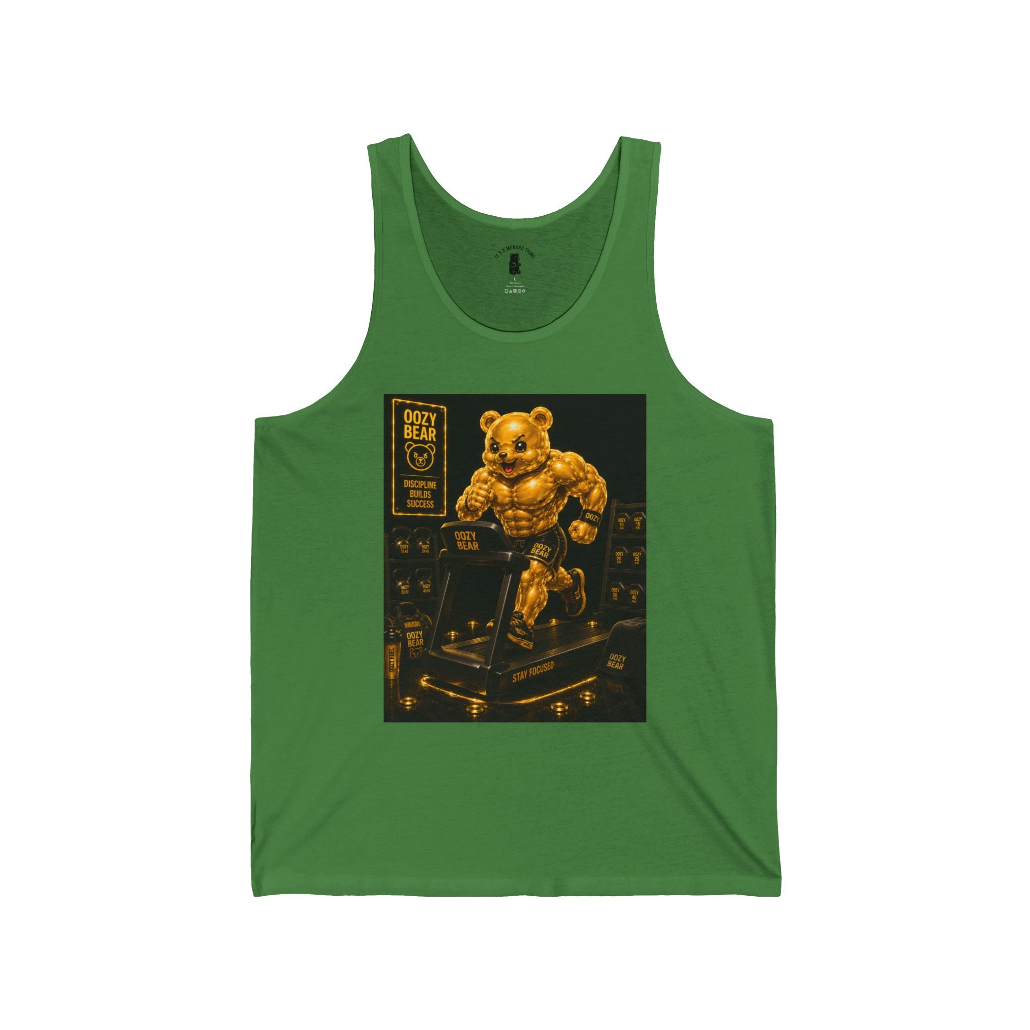 Running On Treadmill, Working Out Golden Yellow Oozy Buff Bear Gummy Gym Addition- Adult Graphic Tank Top