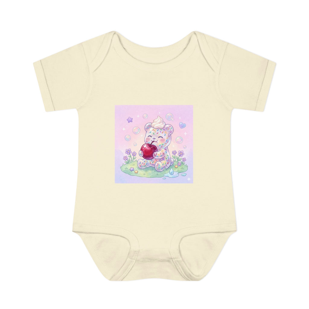 Gooey Gummy Birthday Sprinkles Cake bear eating a Cherry- Infant Onesie