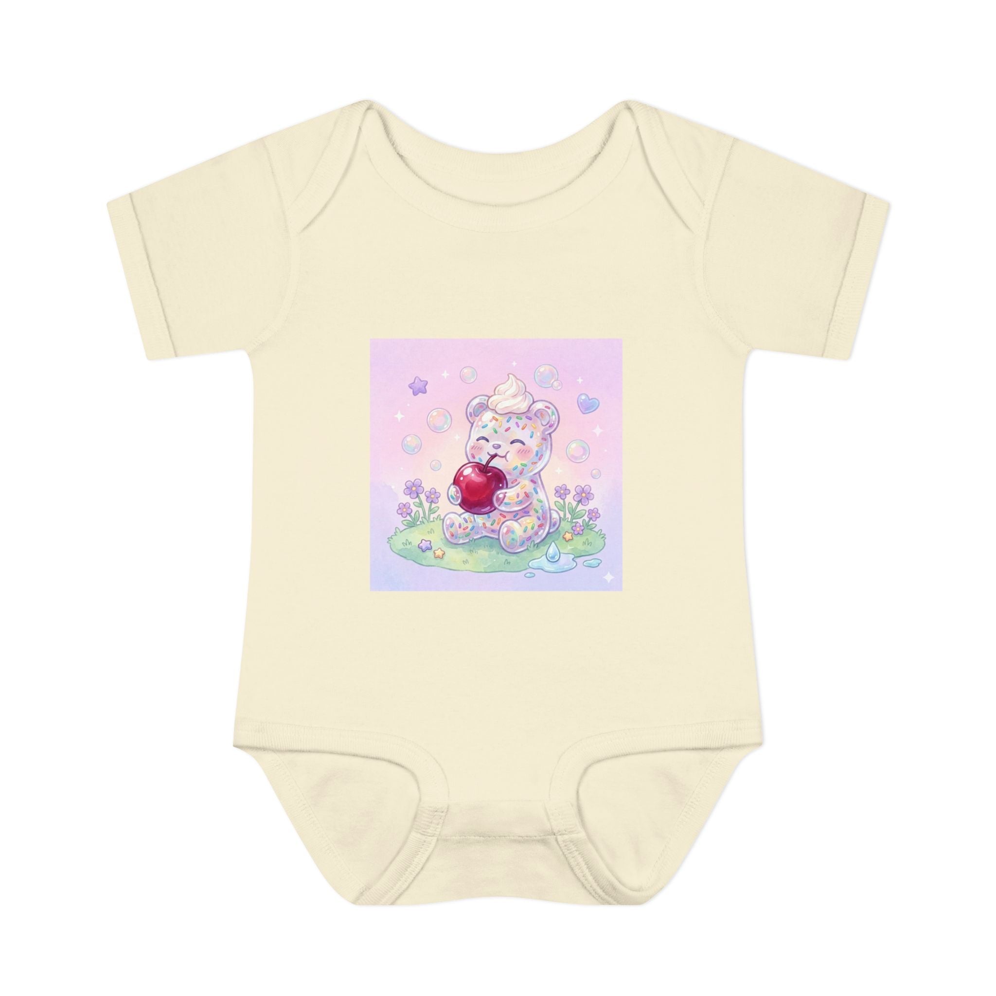 Gooey Gummy Birthday Sprinkles Cake bear eating a Cherry- Infant Onesie