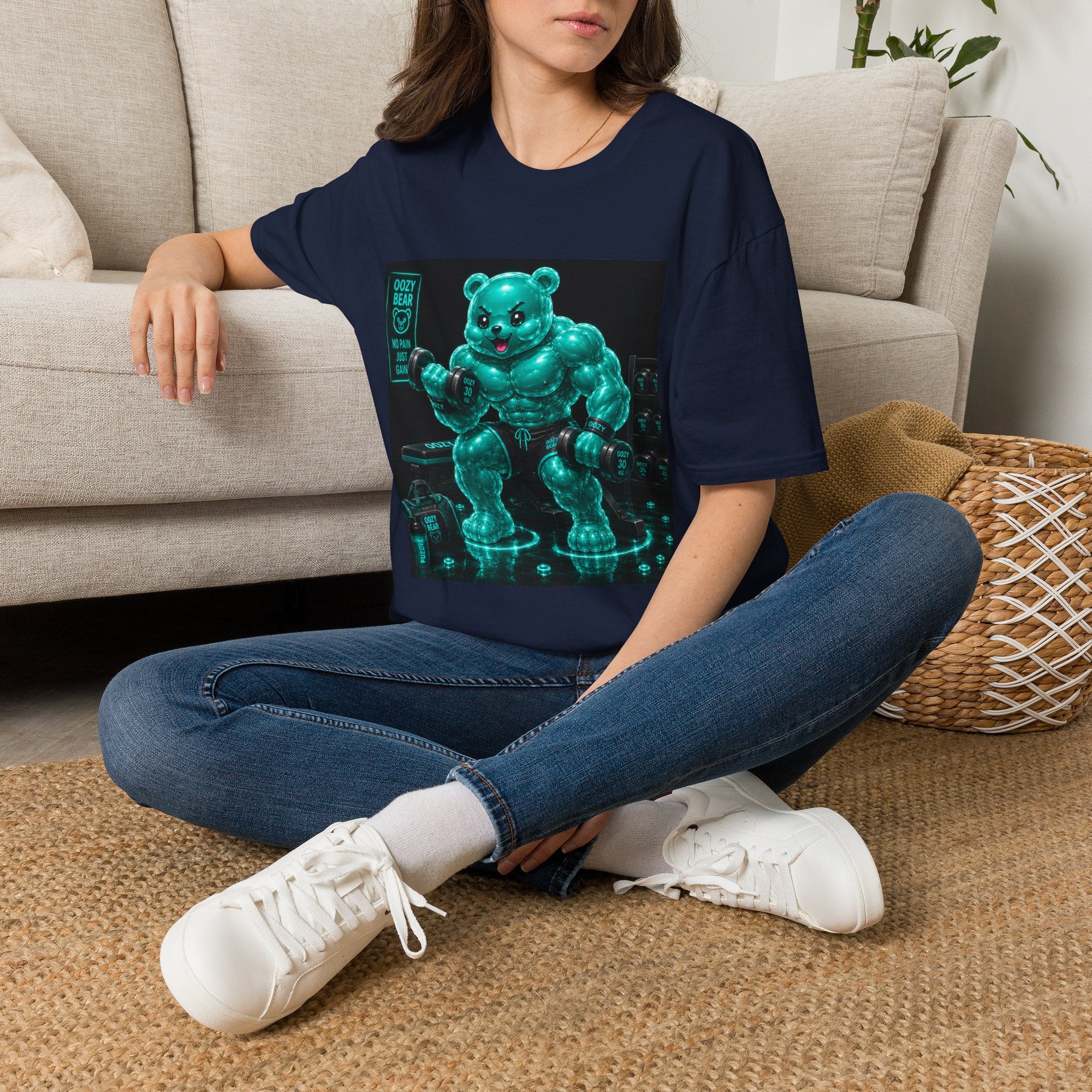 Working Out, Teal Oozy Buff Bear Gummy Gym Addition- Adult Graphic Shirt