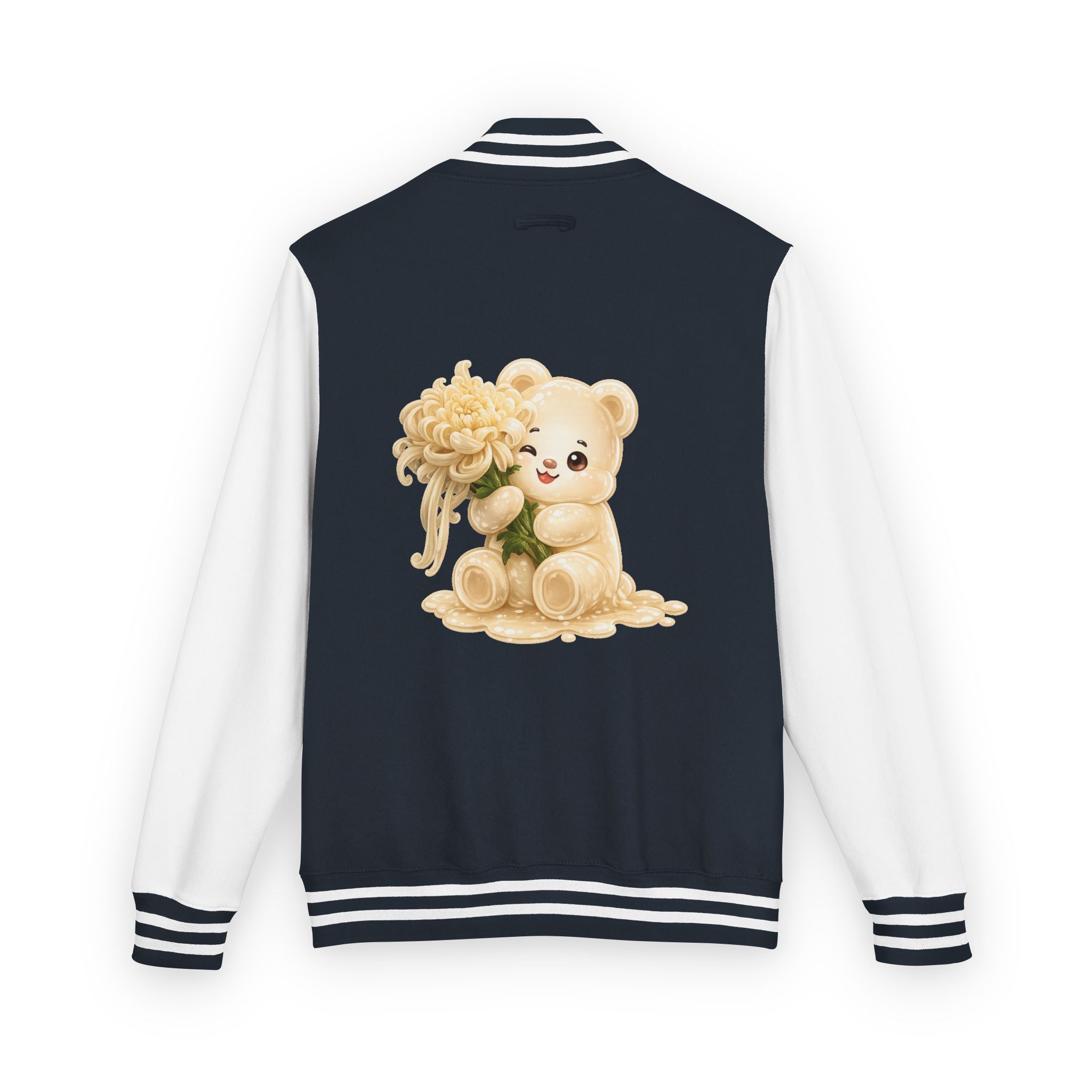Creamy White Chrysanthemum Flower Addition, White Oozy Bear Gummy Friend- Lettermen Graphic Jacket