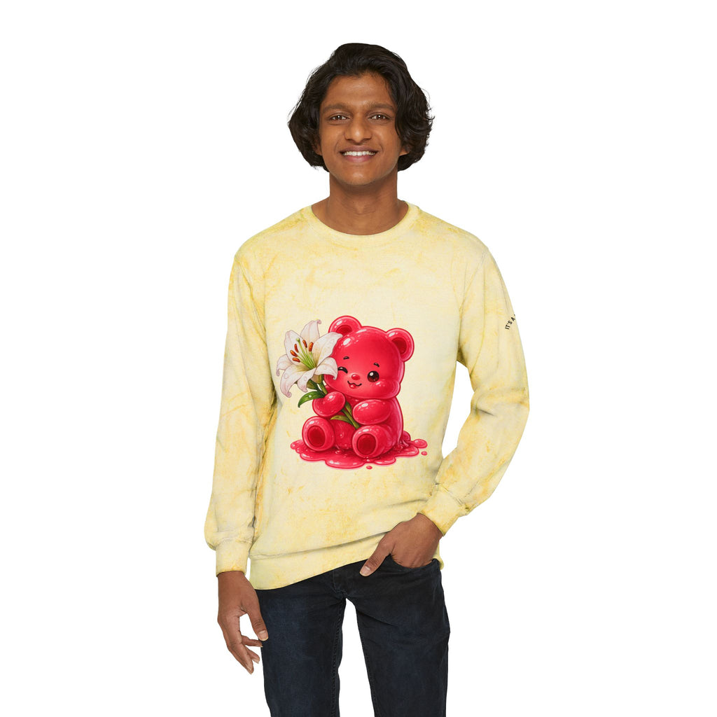 White Lily, Red Gooey Gummy Bear Friend- Graphic Tye-Dye Sweatshirt