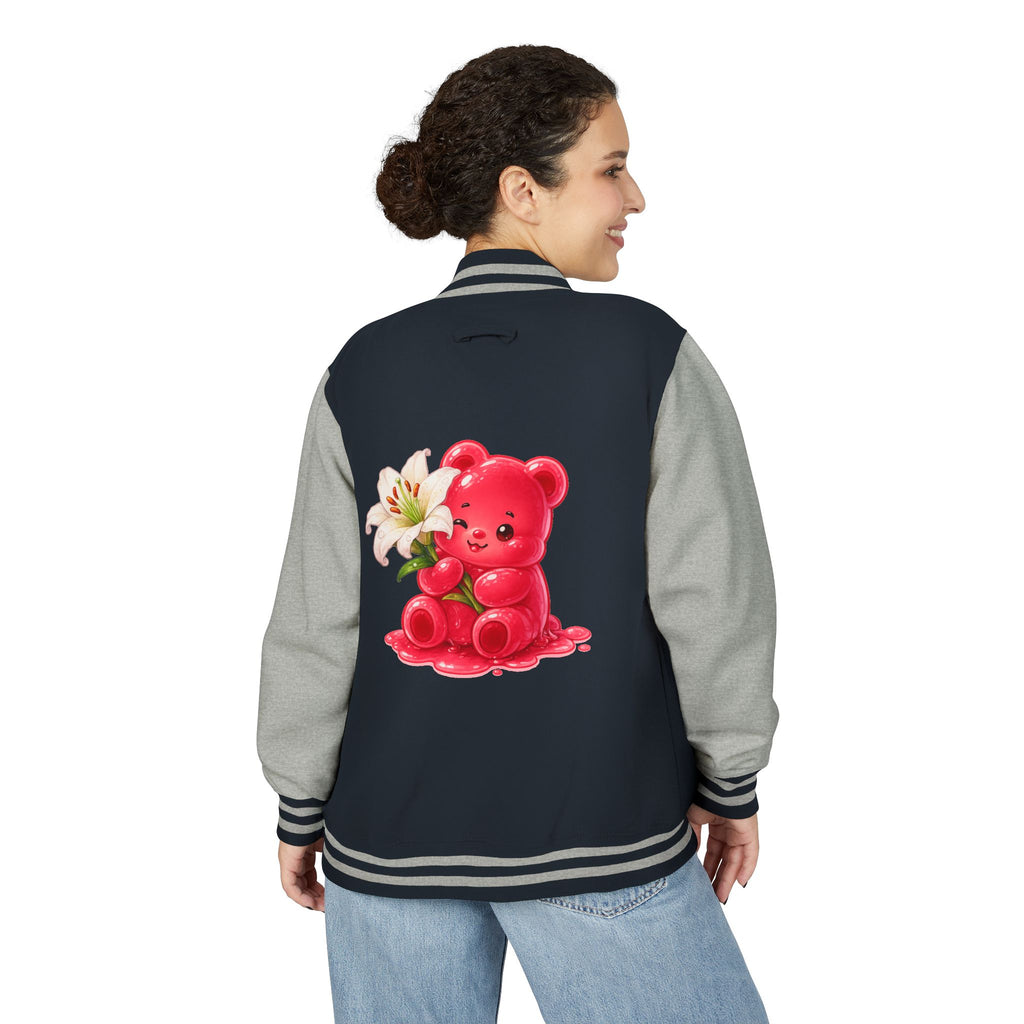 White Lilies, Red Gooey Gummy Friend — Kawaii Graphic Varsity Jacket