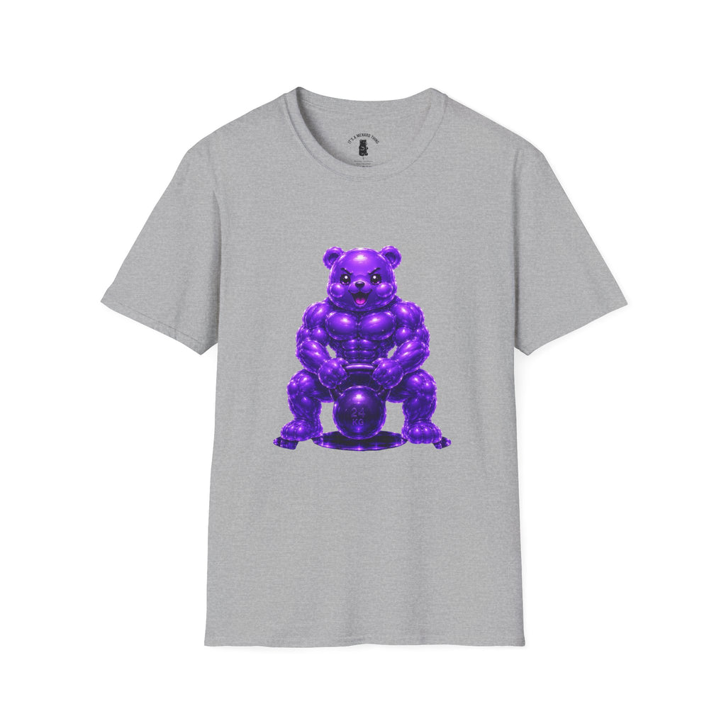 Brawny Violet Oozy Buff Bear with Kettleball Weight- Adult Graphic Shirt (18+)