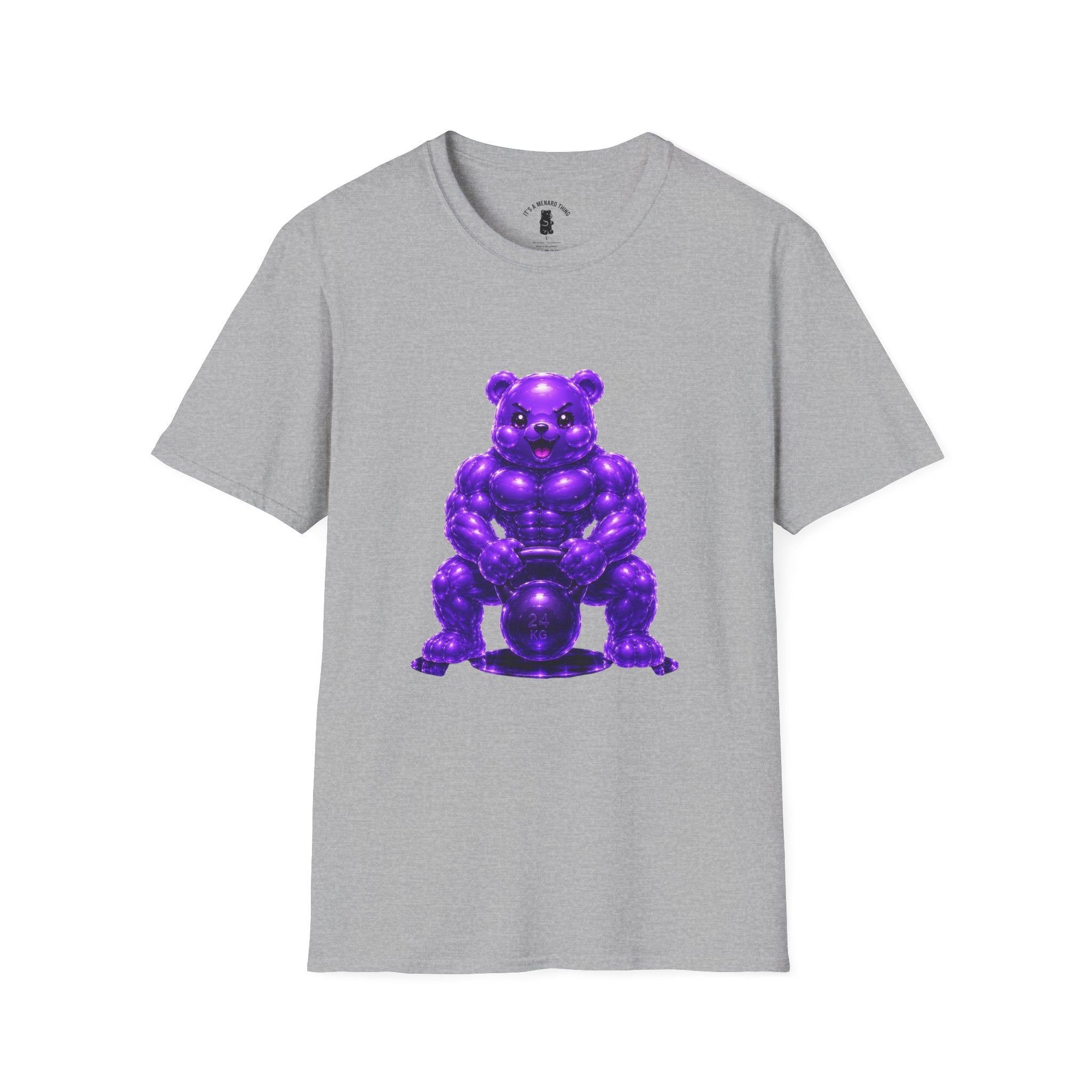 Brawny Violet Oozy Buff Bear with Kettleball Weight- Adult Graphic Shirt (18+)