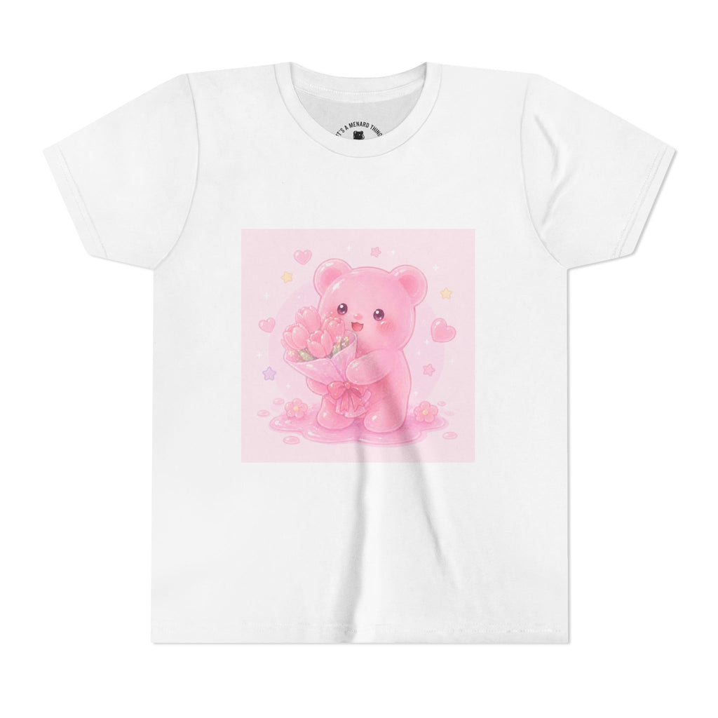 Pink Gooey Gummy Bear Youth Tee – Valentine Gummy Bouquet Kids Shirt